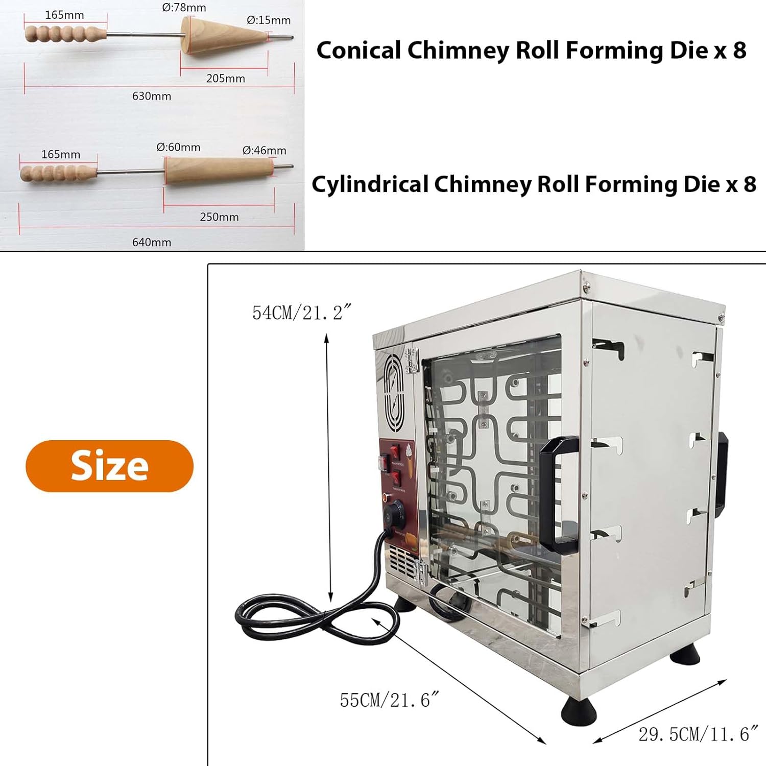 110V 3200W Electric Ice Cream Cone Maker, 60-80 pcs/h Production, Stainless Steel Chimney Cake Machine, 8-Station Baking Oven with 16pcs Roller for Chimney Cake and Bread Rolls