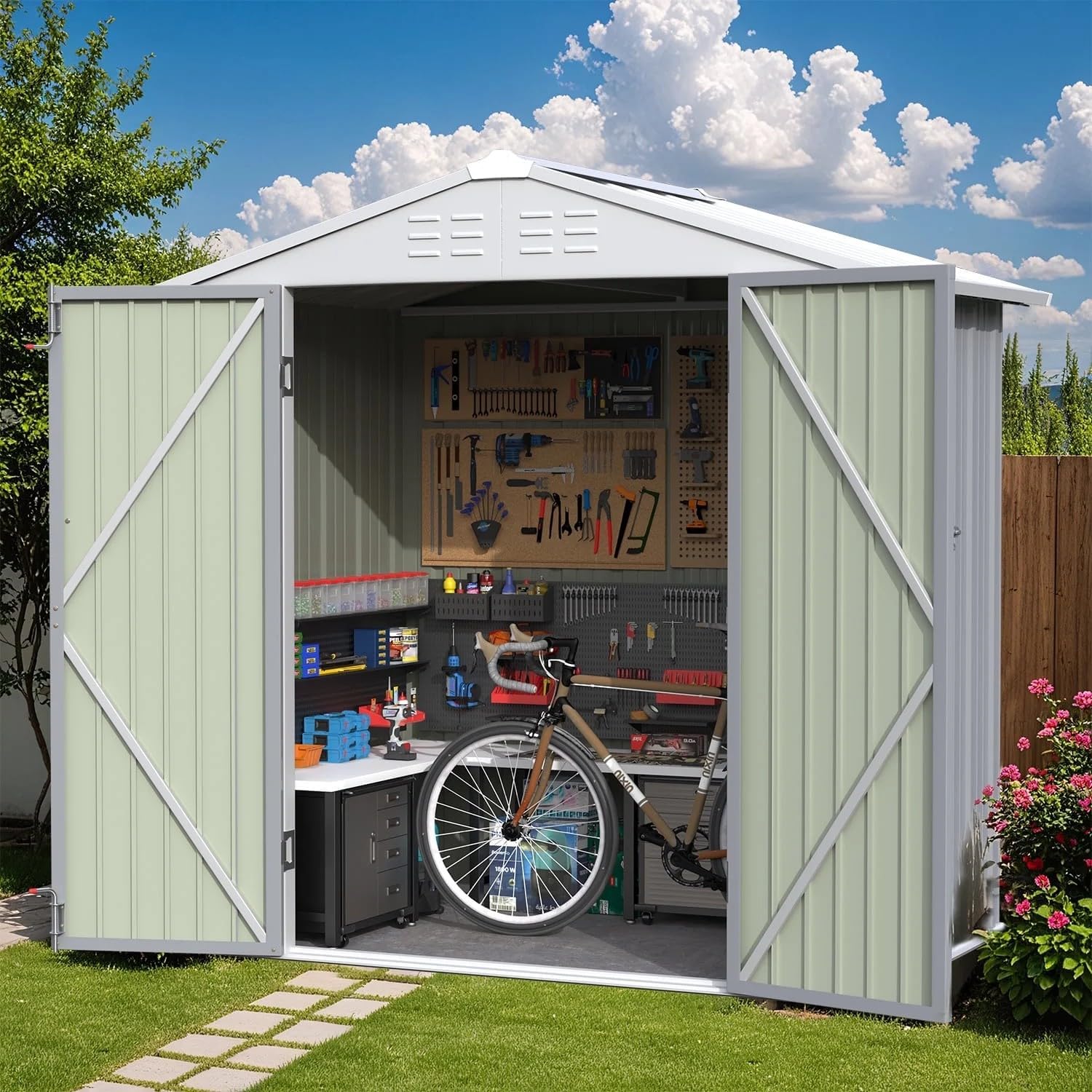 Greesum 6×4FT Outdoor Storage Shed, Metal Patio Storaged Sheds with Lockable Doors, Sheds & Outdoor Storage for Bike, Backyard, Pool and Garden, Gray