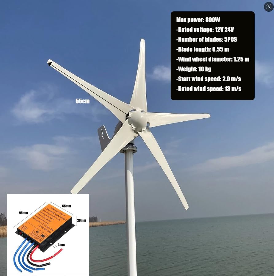 800W Wind Turbine 5 Blades 12V / 24V / 48V with MPPT Charge Controller for Home Boat Farm (24, Volts)