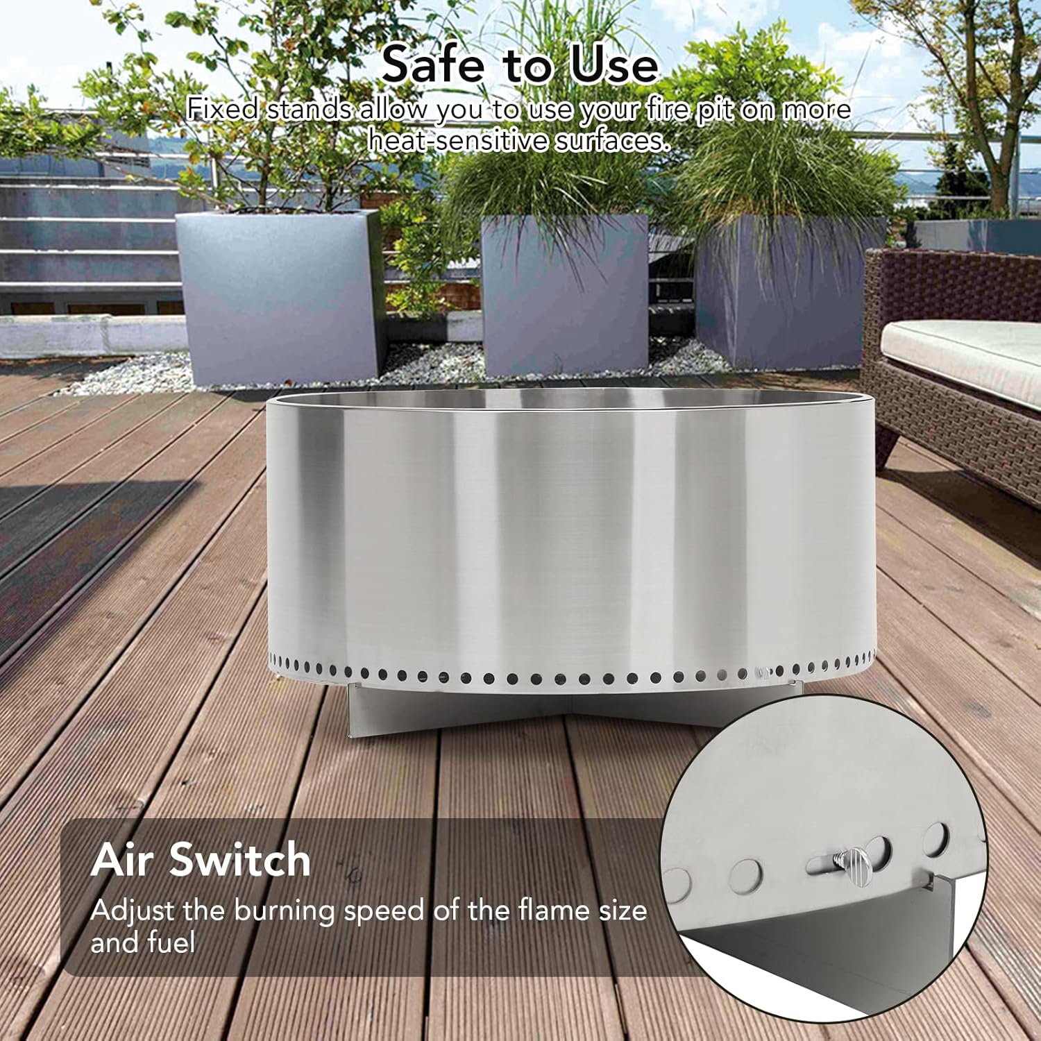 Outdoor Fire Pit Smokeless with Air Switch, Portable Stainless Steel Firepit for Camping Backyard Patio Bonfire - 360° Wide Warmth, Removable Ash Pan, Wood Burning Stove - Silver