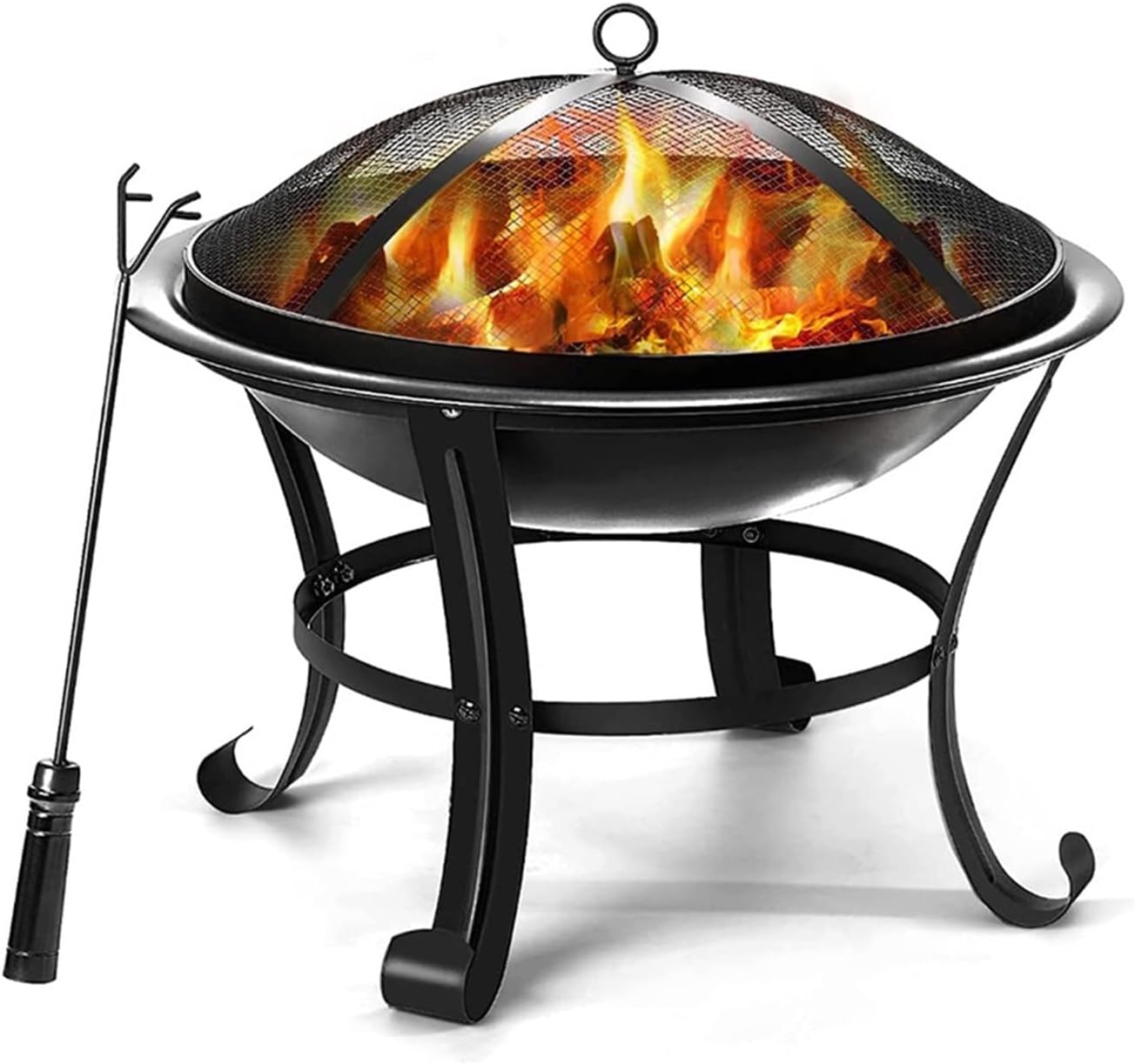 22 Inch Portable Folding Steel Fire Pit Bowl with Spark Screen Cover Log Grate and Poker for Wood Burning Outdoor Use in Backyard Camping Picnic Garden