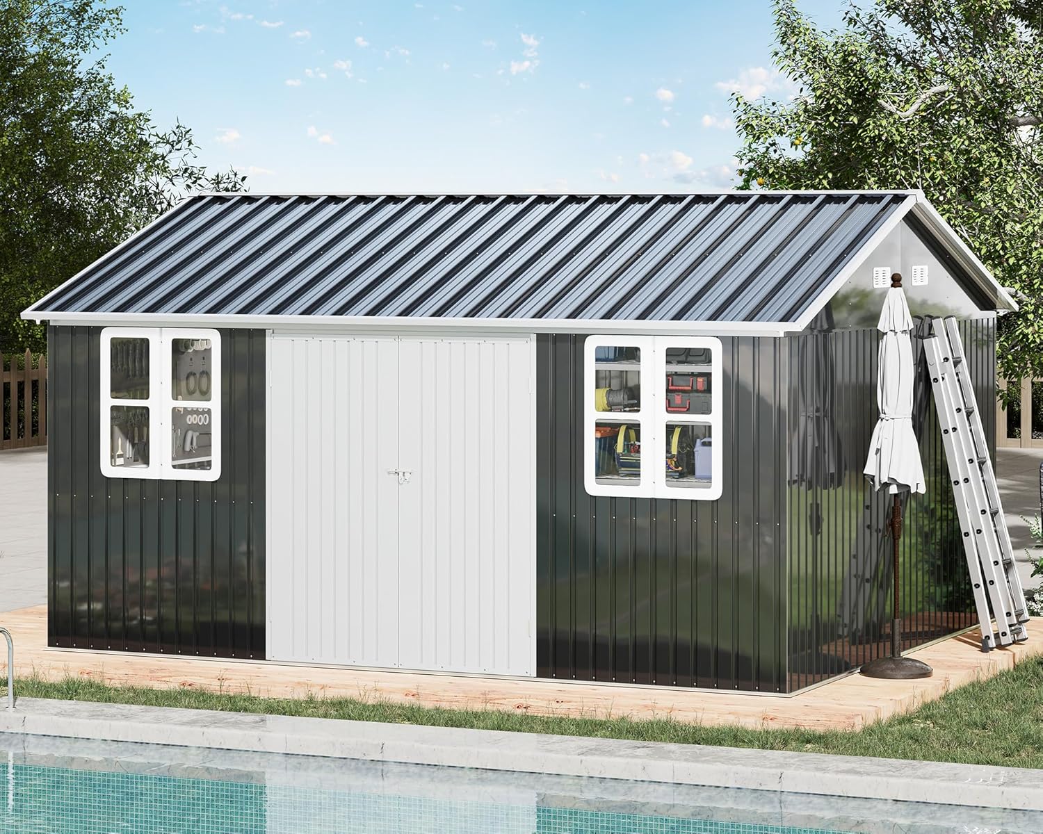 VanAcc 12x14x8.5 FT Galvanized Steel Outdoor Storage Shed with 2 4-Pane Windows Lockable Door, Nordic Cottage Shed for Backyard, Garden, Patio, Dark Grey/White