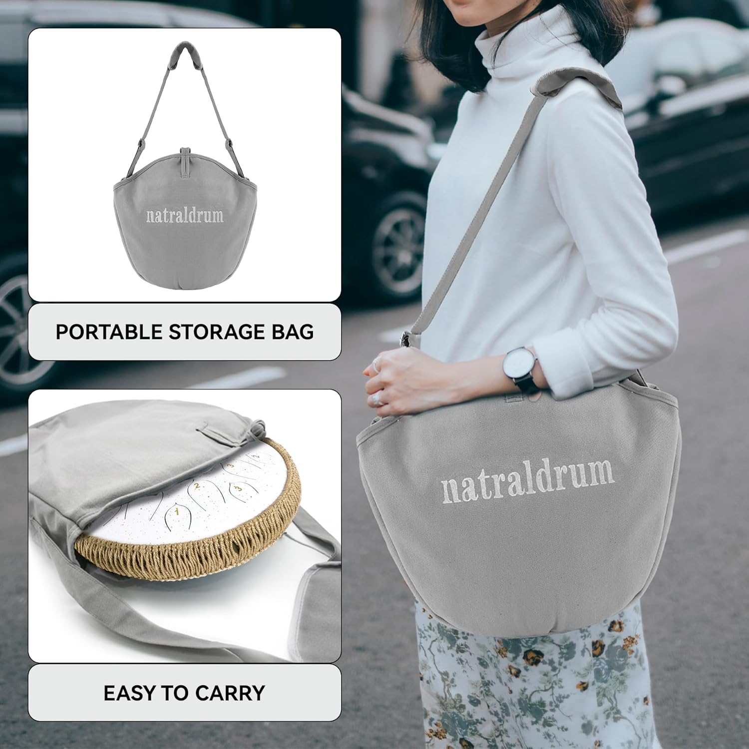 Steel Tongue Drum - 14 Inch Tongue Drum Instrument - 15 Notes Hand Pan Drums with Music Book, Handpan Drums Instrument Mallets and Carry Bag, D Major White