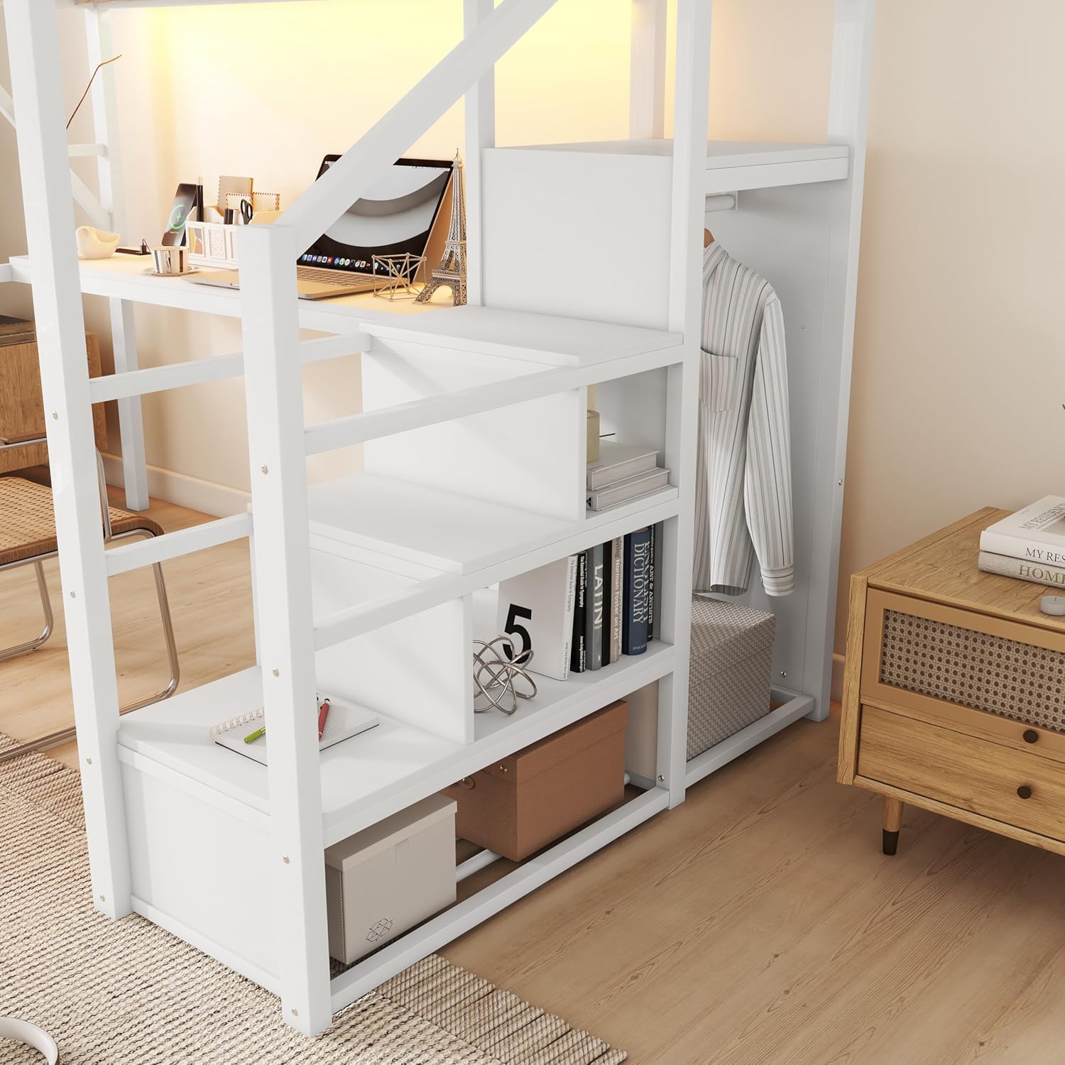 Full Loft Bed with Desk and Charging Station, Full Size Metal Loft Bed with Stairs and Light for Kids Teens, Black, Patent Products (White)