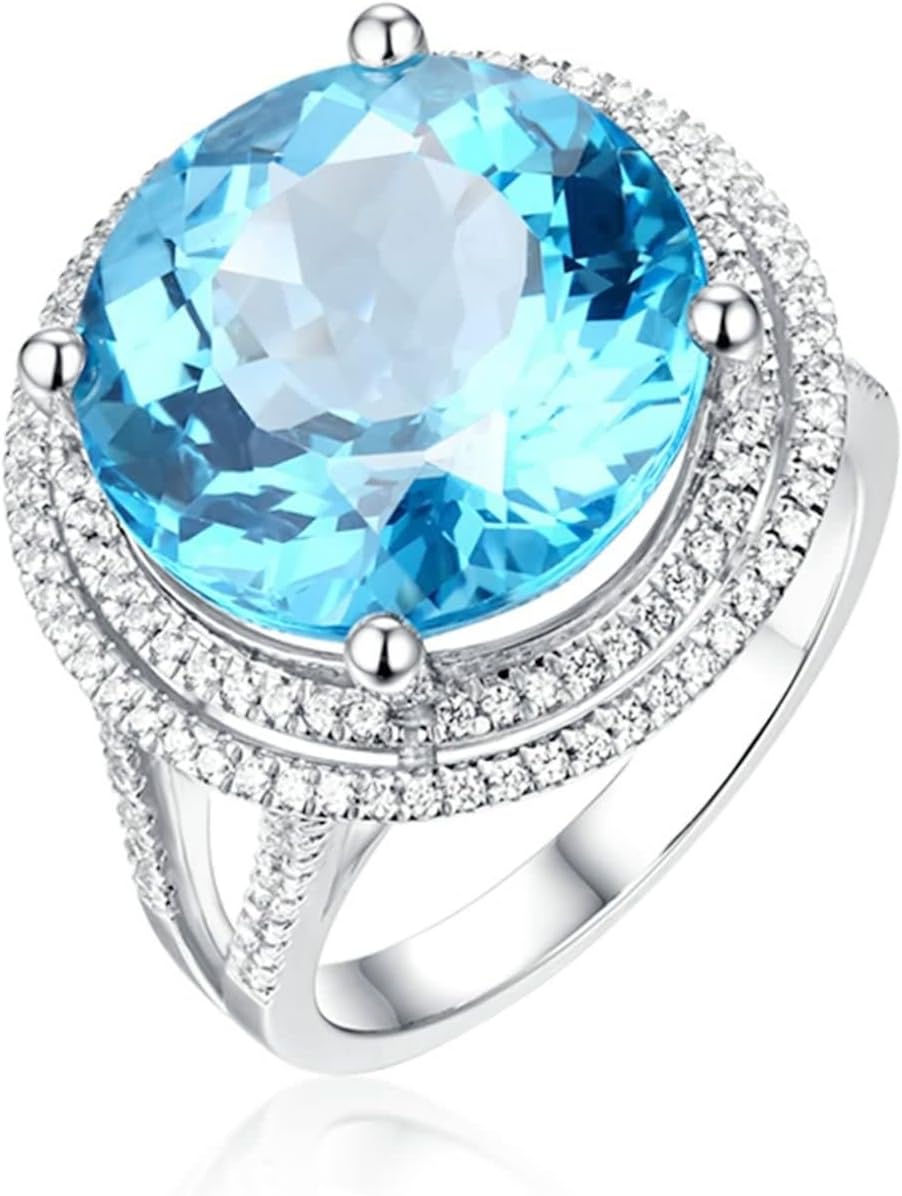 Engagement Rings for Women Halo, 18K White Gold Ring Round Brilliant 12ct Big Blue Topaz Gift for Her