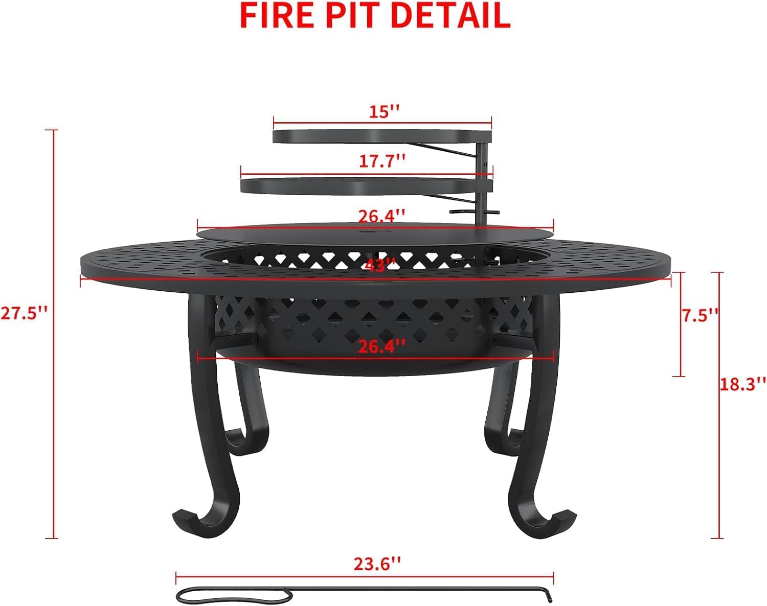 43 Inch Fire Pit with 2 Grill for Outside, Outdoor Wood Burning Firepit with Lid, Metal Round Table for Backyard Patio Garden Picnic Camping Bonfire, Black