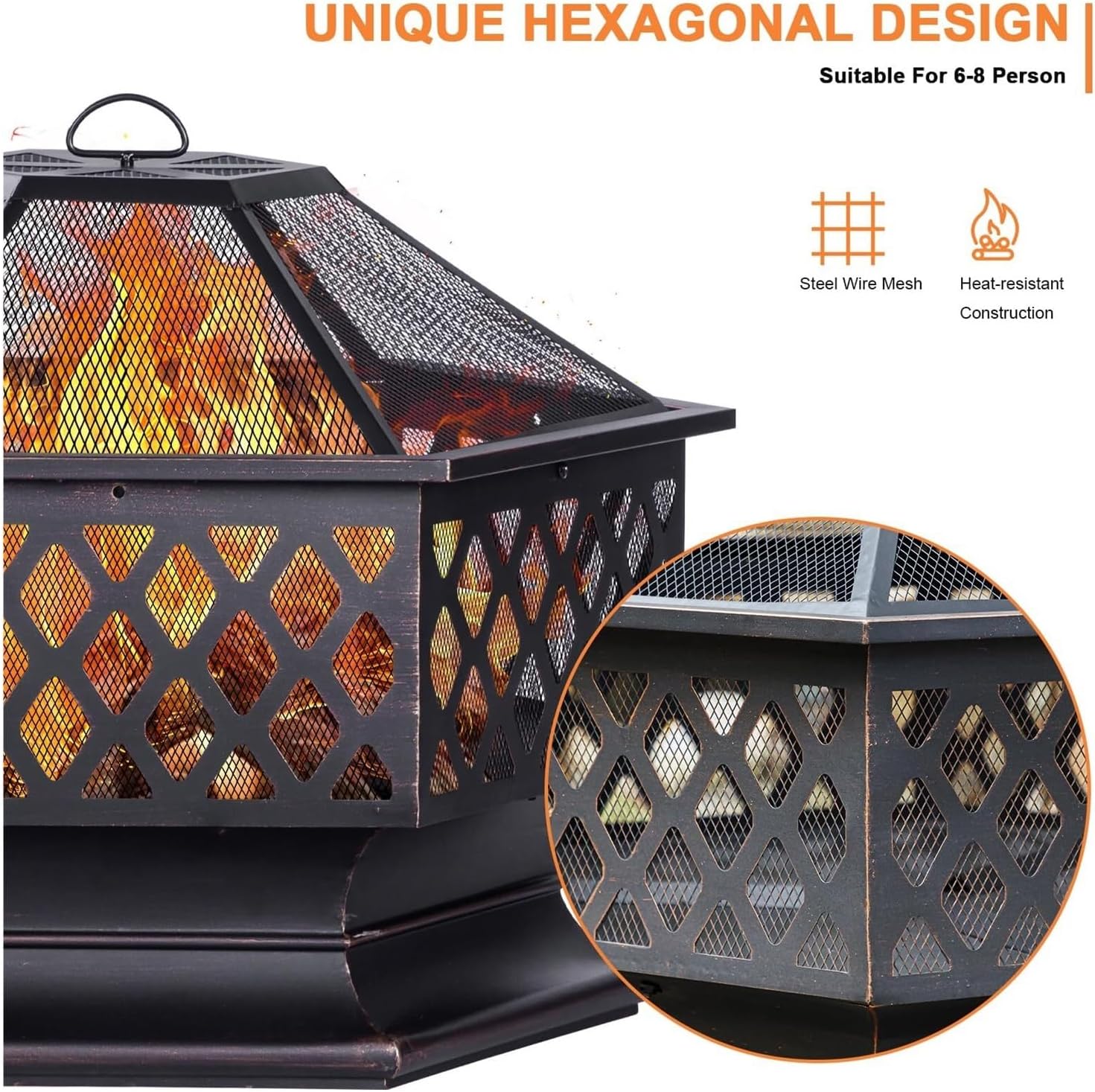 28 Inch Hexagon Wood Burning Fire Pit – Antique Bronze Outdoor Firepit with 360° Flame View for Patio, Backyard, and Camping(33 Inch)
