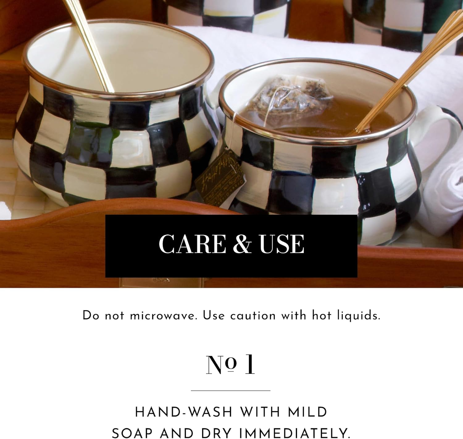 MACKENZIE-CHILDS Enamel Tea Party Set, Unique Teapot and Teacups, Tea Accessories Set, Black-and-White Courtly Check