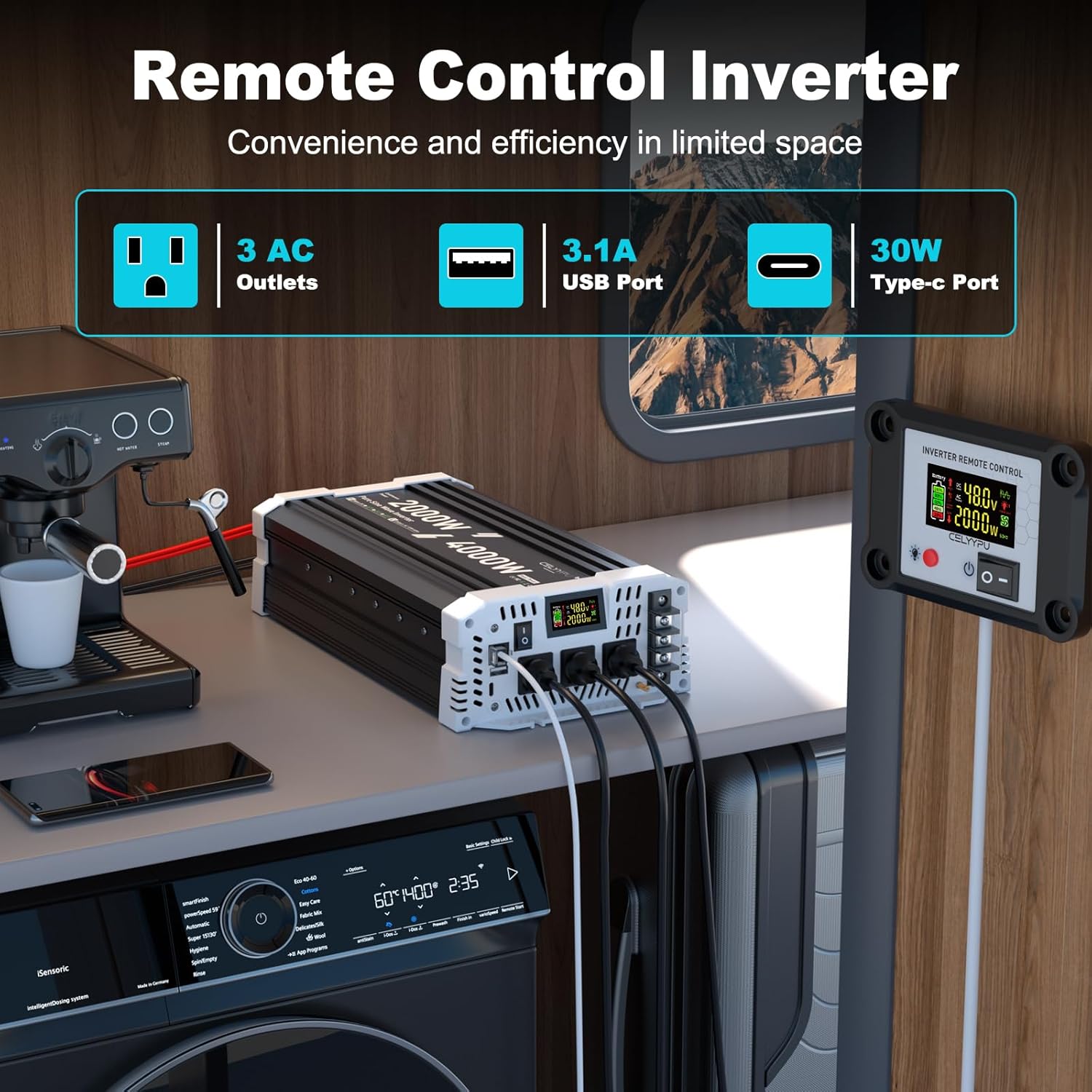 2000 watt Pure sine Wave Inverter, 48V DC to 110V AC Power Inverter, Used for Solar Emergency Power Supply in RV Homes, with 3 AC Output sockets, USB Port, Type-C Port, Remote Control with LCD Screen