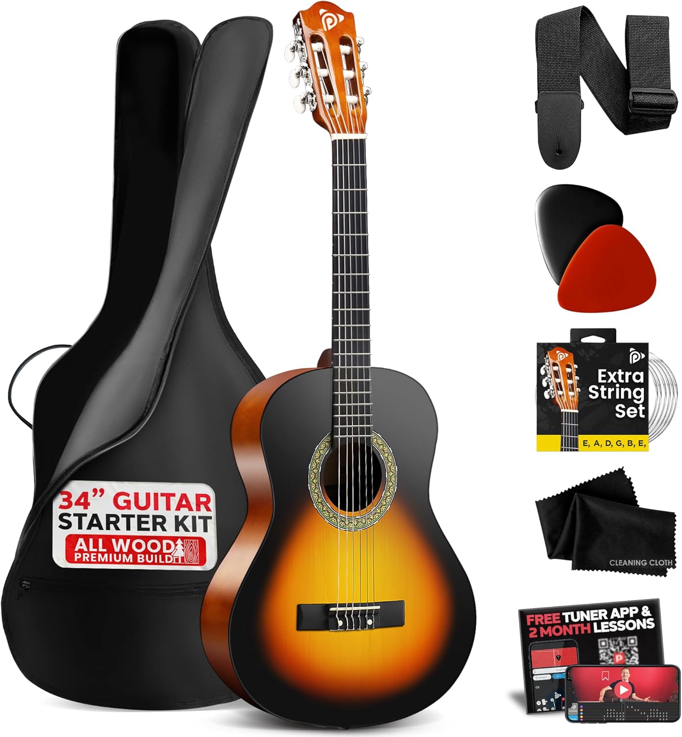 Pyle Beginner Acoustic Guitar Kit, 1/2 Junior Size All Wood Instrument with Full Accessory Kit, Picks, Shoulder Strap, Carry Case, Cleaning Cloth, Tuner App, 2 Month Lessons, 34”
