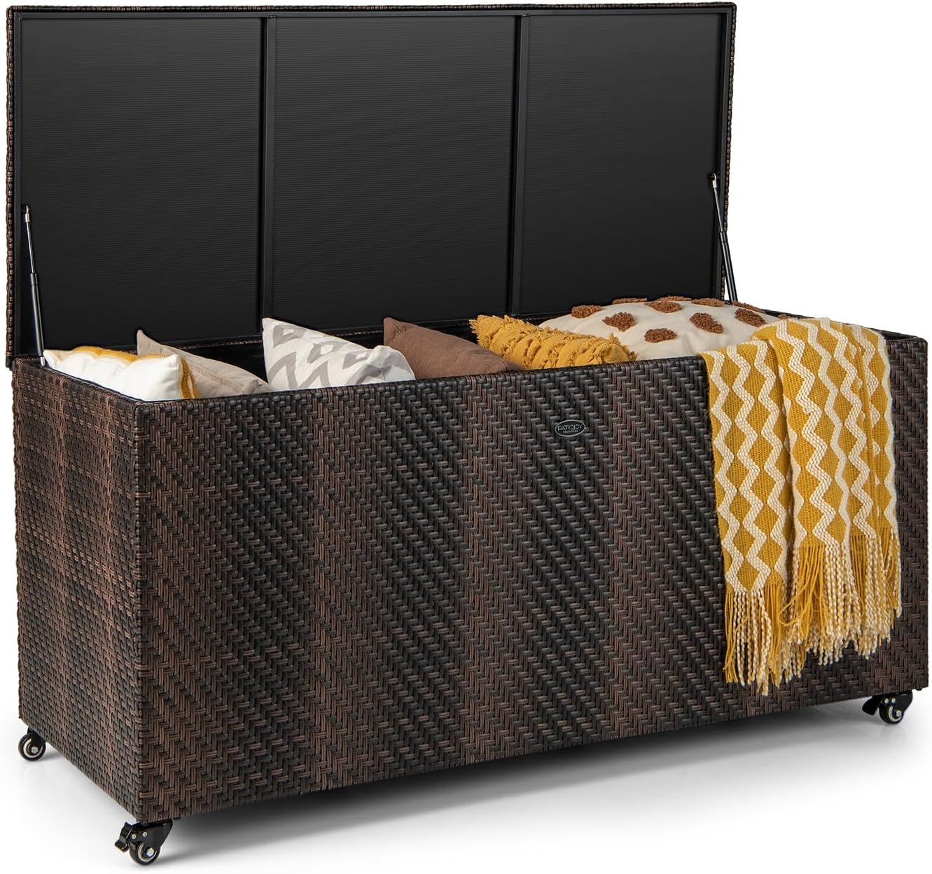 Outdoor Rattan Deck Box, 96 Gallon PE Wicker Patio Storage Box with Wheels and Liner - Multifunctional Storage for Patio Furniture Cushions, Garden Tools, and Pool Accessories