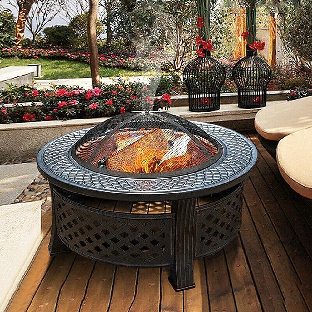 Outdoor Fire Pit with BBQ Grill Shelf Metal Brazier Firepit Garden Patio Heater/BBQ/Ice Pit Fire Bowl for Garden and Patio Outdoor Garden Fire Pit with Waterproof