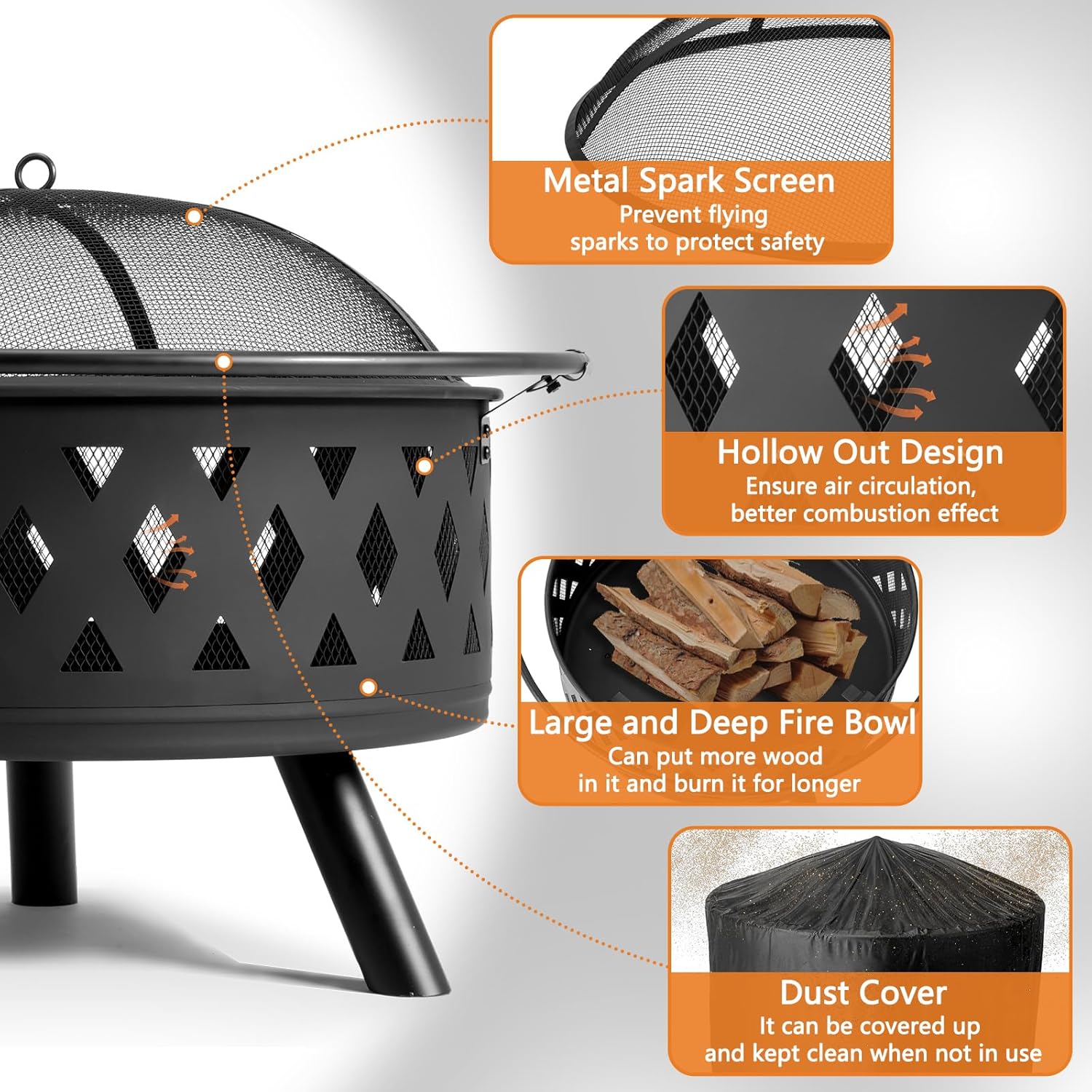 Outdoor Wood Burning Fire Pit 32 Inch, Round Metal Firepit for Outside, Bonfire Fire Pits with Mesh Lid, Poker and Waterproof Cover for Backyard Heating, Garden, Patio, Camping, Black