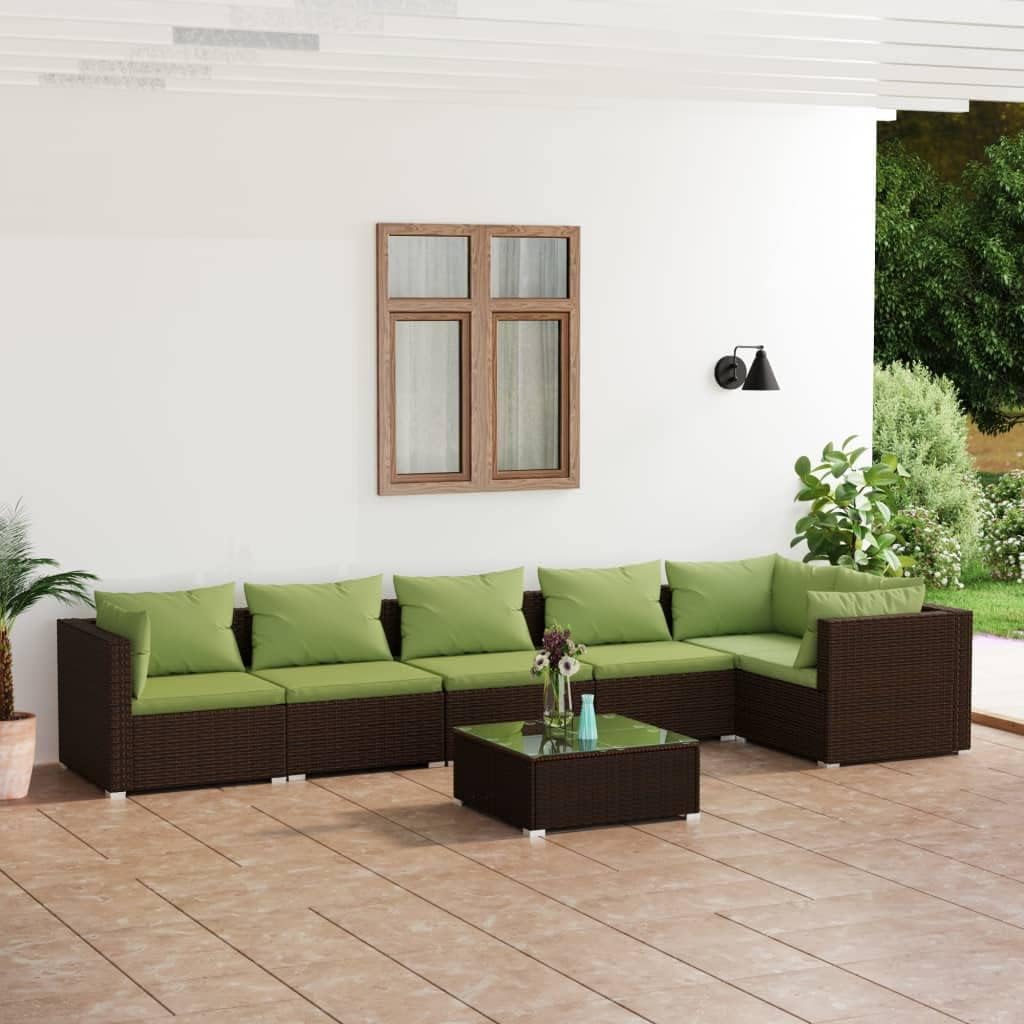7 Piece Patio Lounge Set with Cushions Poly Rattan Brown,Premium Modular Rattan Patio Lounge Set with Comfortable Green Cushions for Outdoor Relaxation Patio Furniture, Outdoor Furniture Sets