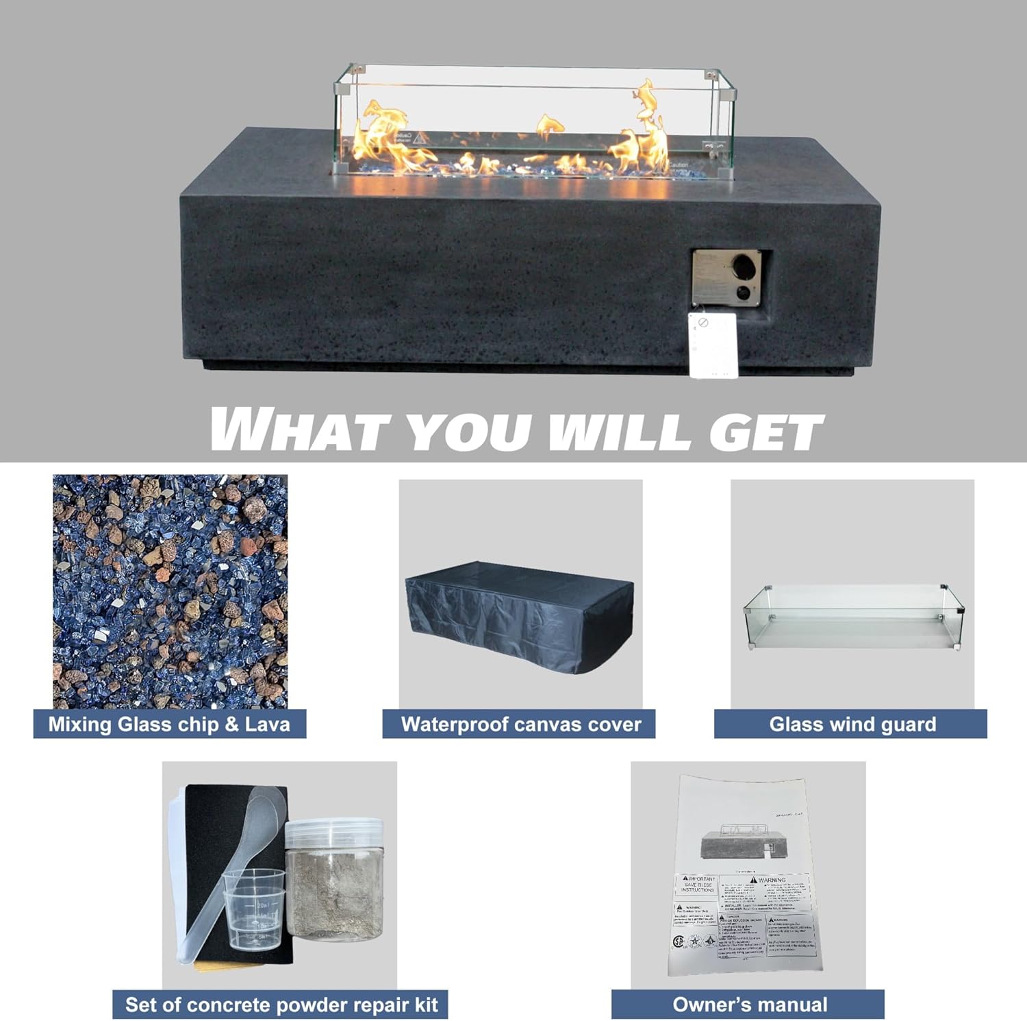 52 Inch Outdoor Concrete Propane Gas Rectangle Fire Pit Table(Black Gray)