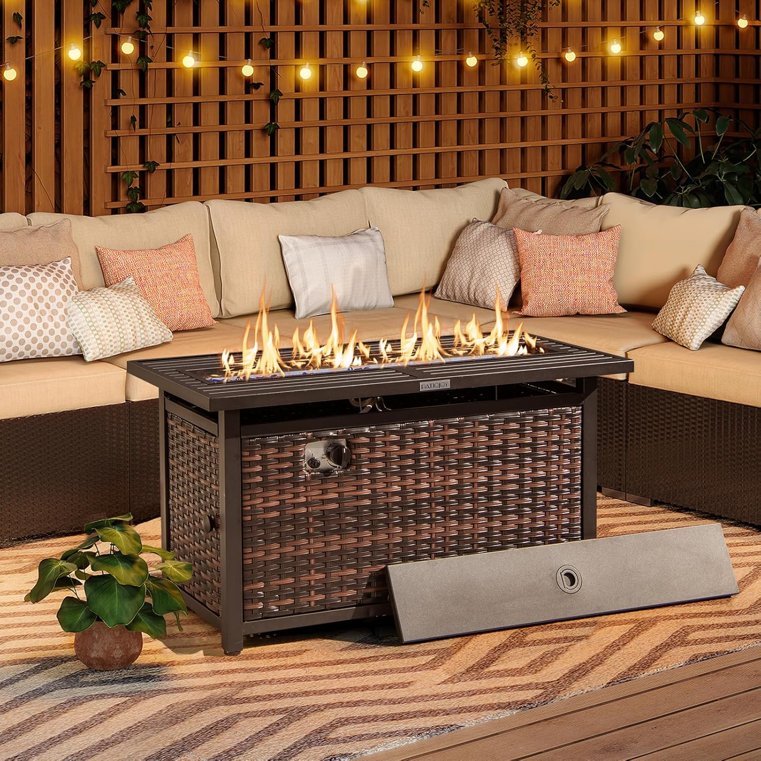 Tangkula 45 Inch Rattan Propane Fire Pit Table, Patiojoy 50,000 BTU Outdoor Rectangle Fire Pit with Glass Stones & Protective Cover, Heavy-Duty Metal Frame & Top, Patio Fire Table for Backyard