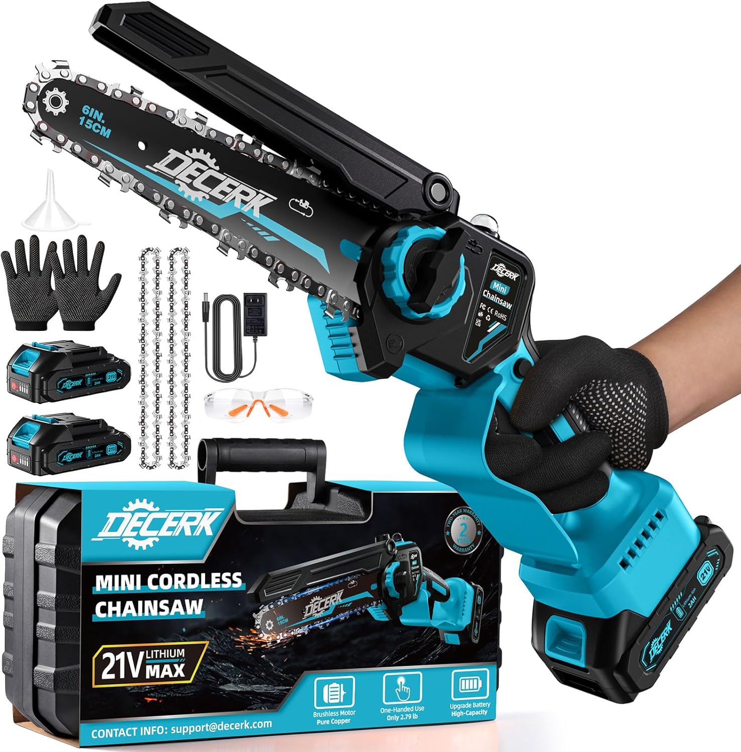 DECERK 6-inch MIni Chainsaws, Portable Power Chain Saw with 2 Batteries, for Trimming/Tree/Branch/Wood Cutting