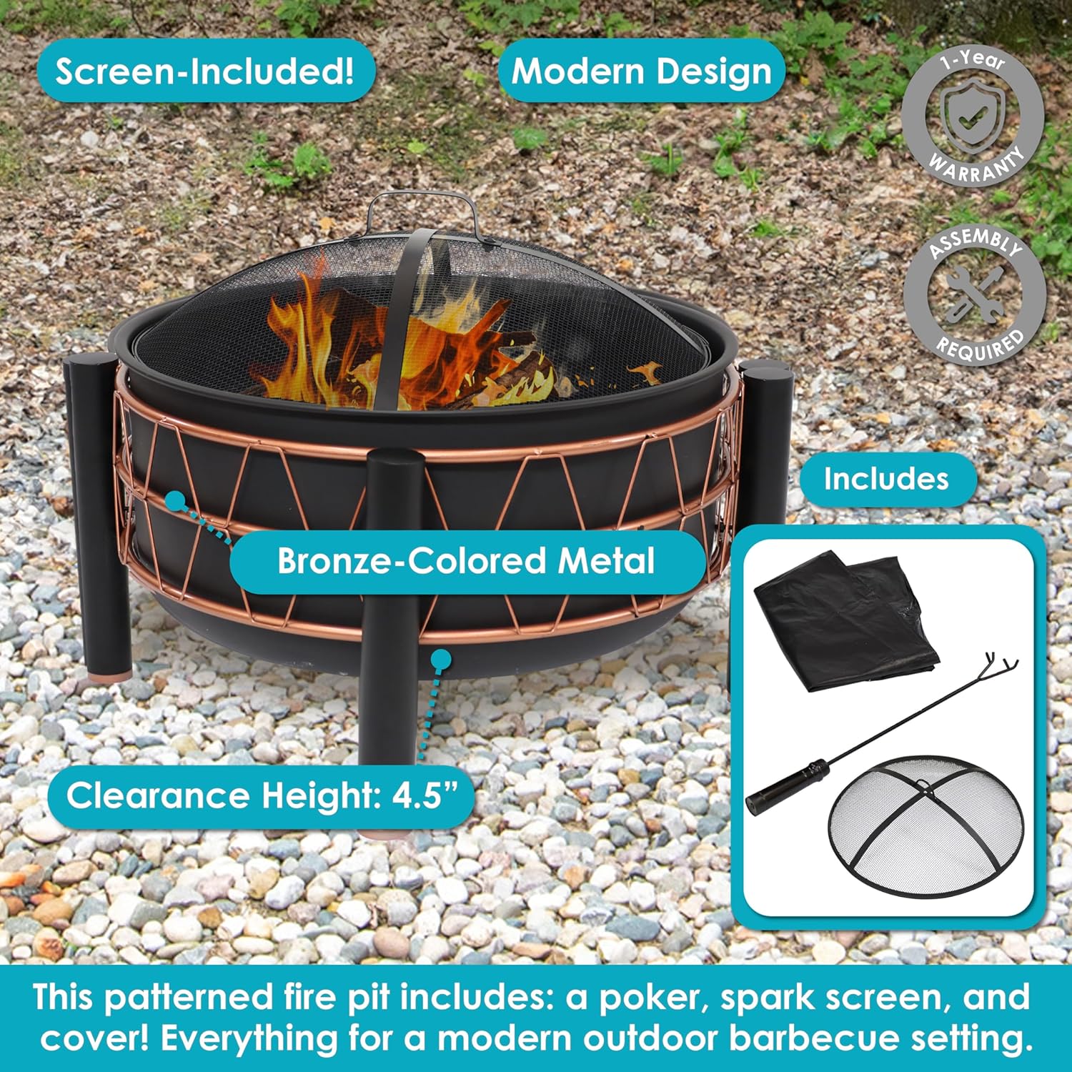 Sunnydaze 24.5-Inch Black Steel Wood-Burning Fire Pit with Copper-Colored Trapezoid Pattern - Includes Protective PVC Cover