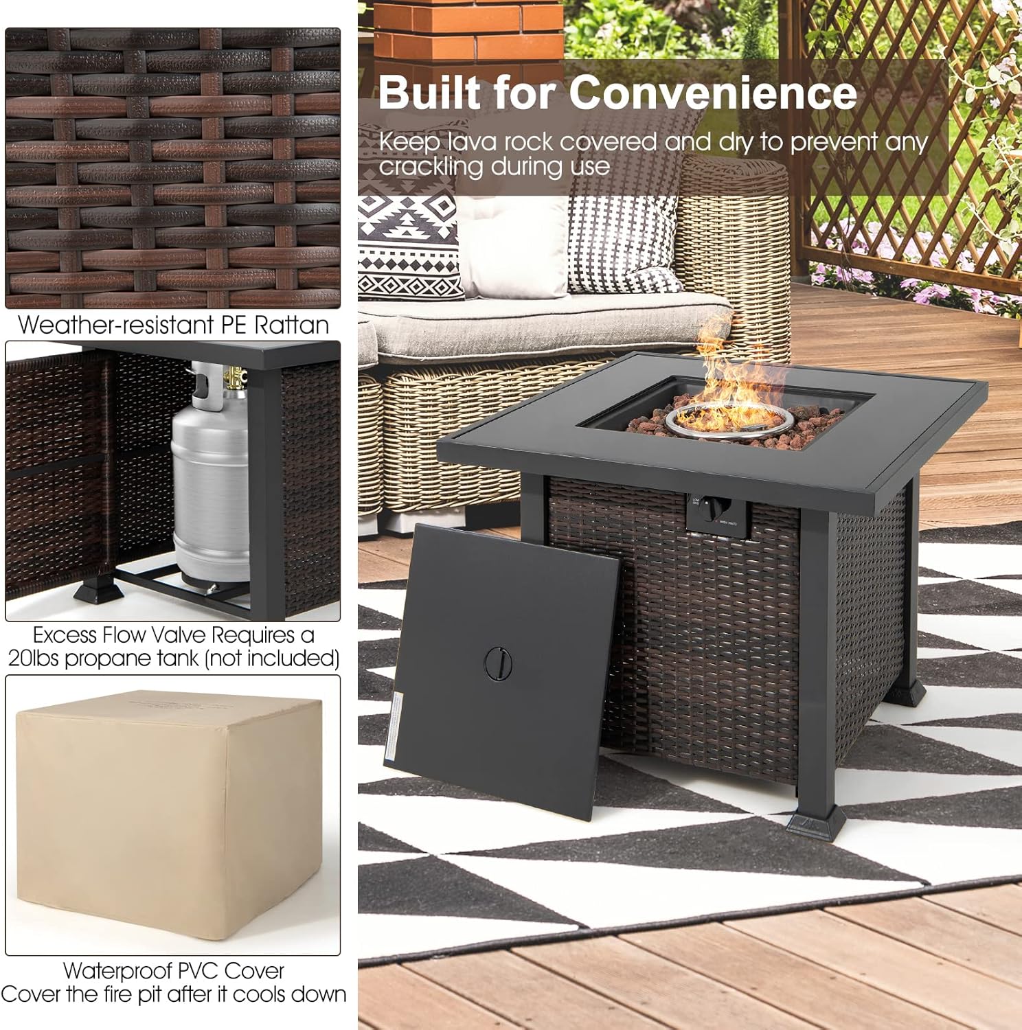 Tangkula 50,000 BTU Propane Fire Pit Table, Patiojoy 32 Inch Wicker Gas Fire Pit with Removable Lid and Lava Stone, Outdoor Square Rattan Fire Table with PVC Cover, Mix Brown