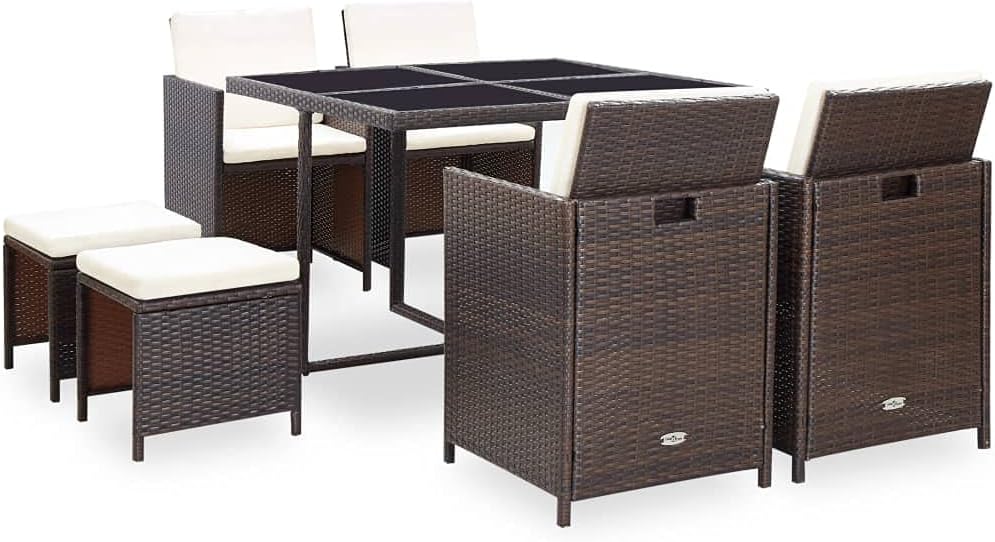 Patio Set 9 Piece Patio Dining Set with Cushions Poly Rattan Brown