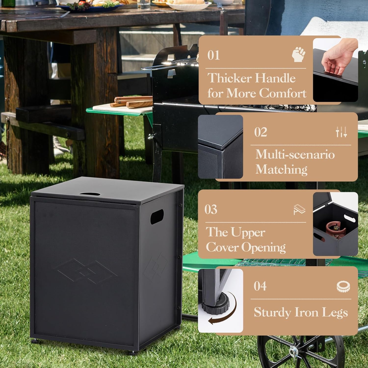 16‘’ Wide Outdoor Propane Tank Cover - 20 Lbs Tank Side Table with Storage, Dual Function for Gas Fire Pit, Grill, Griddle & Stoves Portable Design with Handles