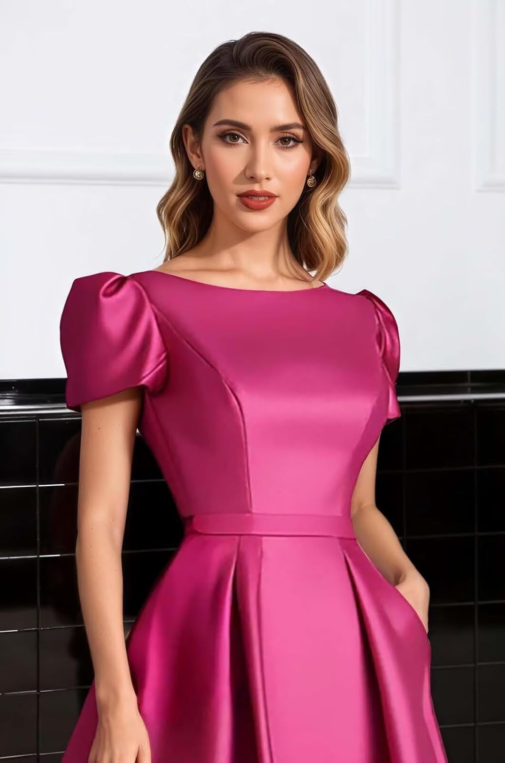 Mollyevers Formal Satin Mother of The Bride Dresses for Women Tea Length A Line Wedding Guest Dress with Sleeves