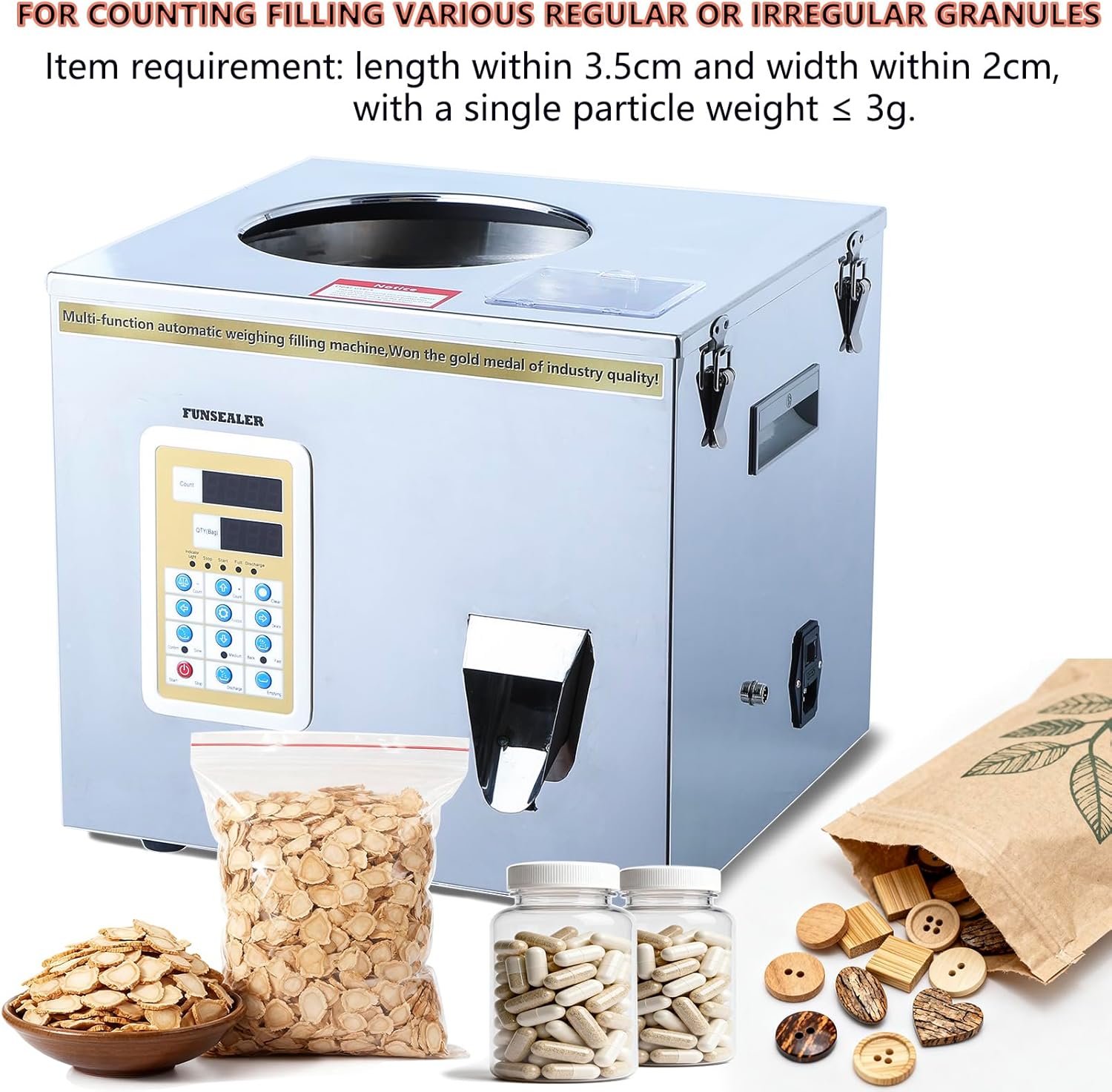 Counting Filling Machine, Digital Counter for Packing Buttons, Small Toys & Small Accessories (Max 99 Pcs), Food-Grade 304 Stainless Steel
