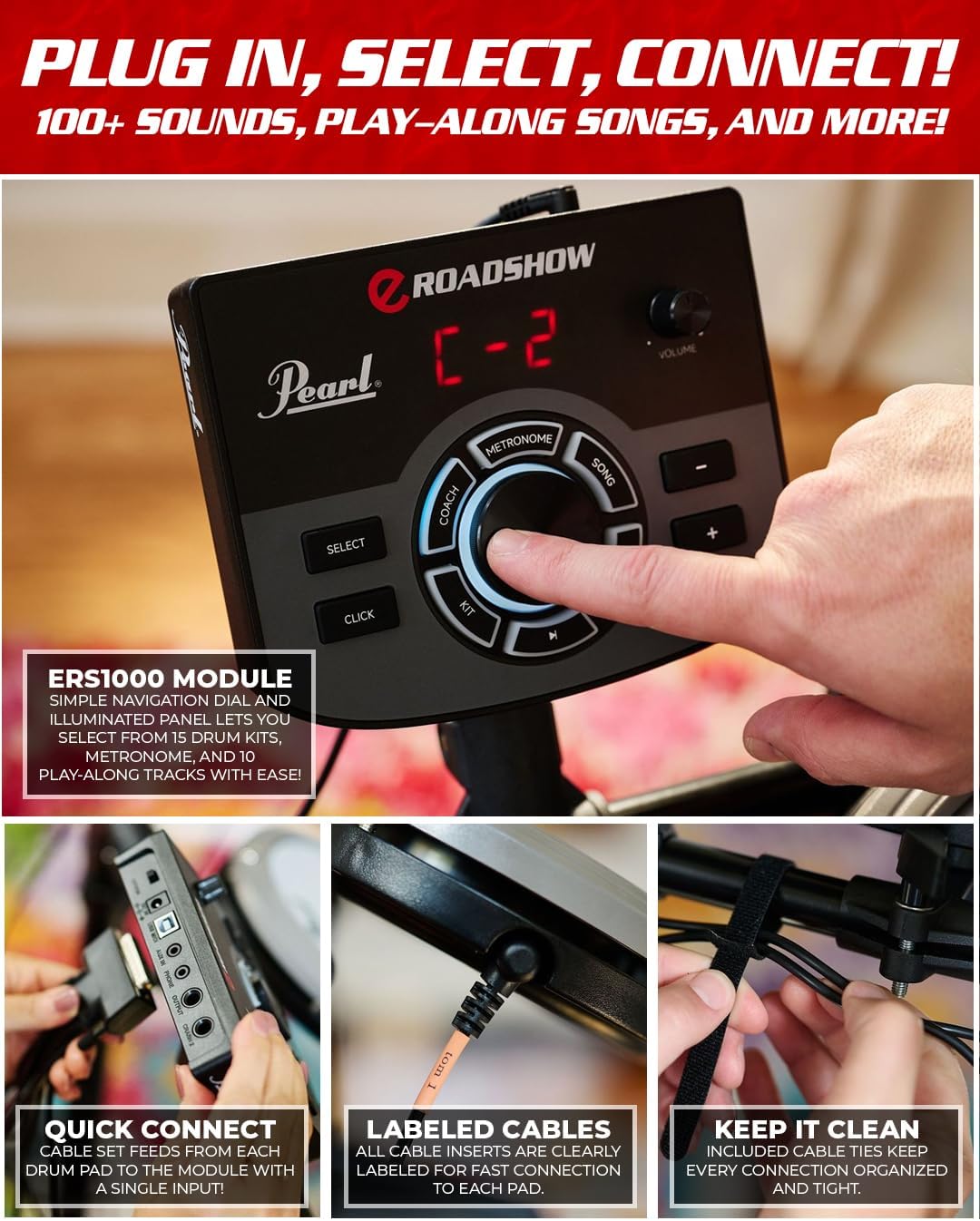 Pearl ERS1000 eRoadshow Electronic Drum Set, Complete Kit with Four Quiet Mesh Pads, Two Pedal Controllers, Cymbal Pads, Throne, Drum Rack, Headphones, and Sticks