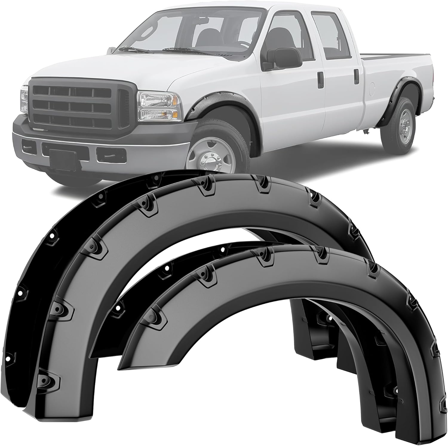 LEDKINGDOMUS Fender Flares Kit Compatible for 1999-2007 Ford F-250 / F-350 / F-450 Super Duty, UV Protected Dura-Flex Material Smooth Black Finish Front Rear Fenders Pocket Rivet Style 4pcs