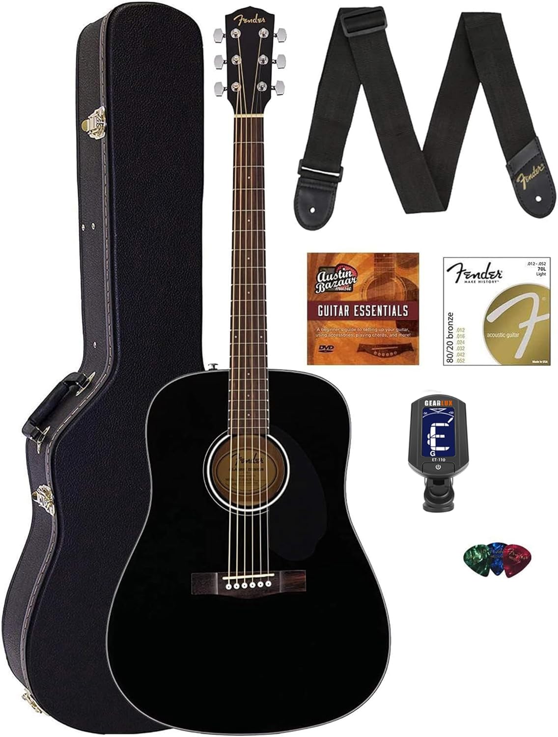 Fender CD-60S Solid Top Dreadnought Acoustic Guitar - Black Bundle with Hard Case, Tuner, Strap, Strings, Picks, and Austin Bazaar Instructional DVD