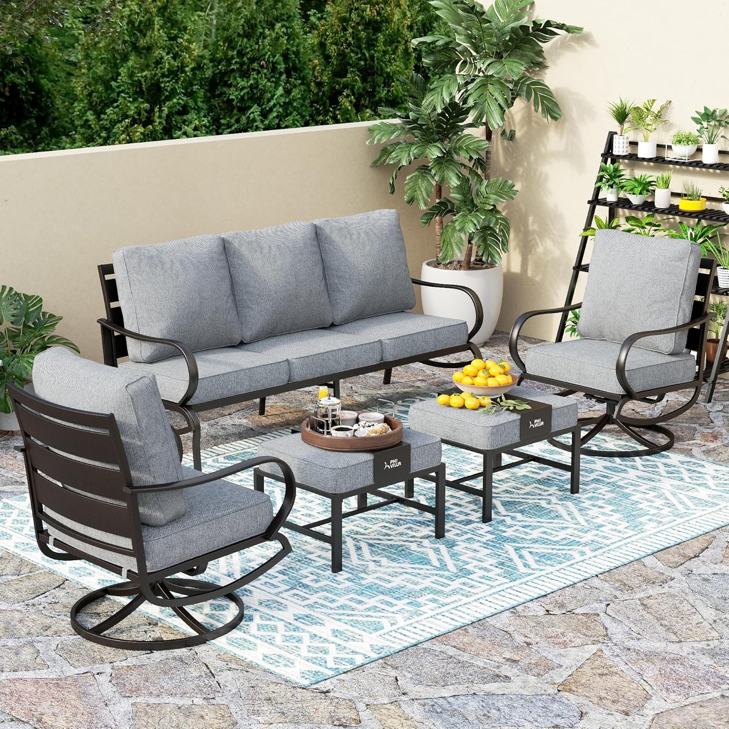 PHI VILLA 5 PCS Patio Furniture Set,Metal Deluxe Patio Set with 1 x 3 Seater Deep Seating Bench, 2 x Swivel Sofa Chairs & 2 x Metal Cushioned Ottoman, Outdoor Patio Set for Garden, Grey