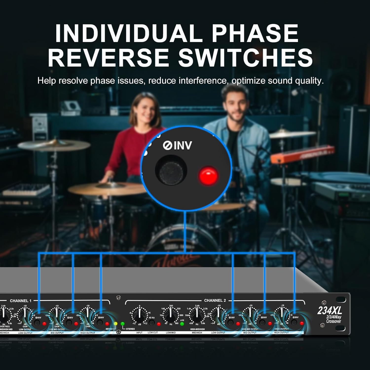 Professional 2/3 Way Stereo/4 Way Mono Crossover with XLR Input and Output, Stereo Audio Sound Processing for PA System with Subwoofer