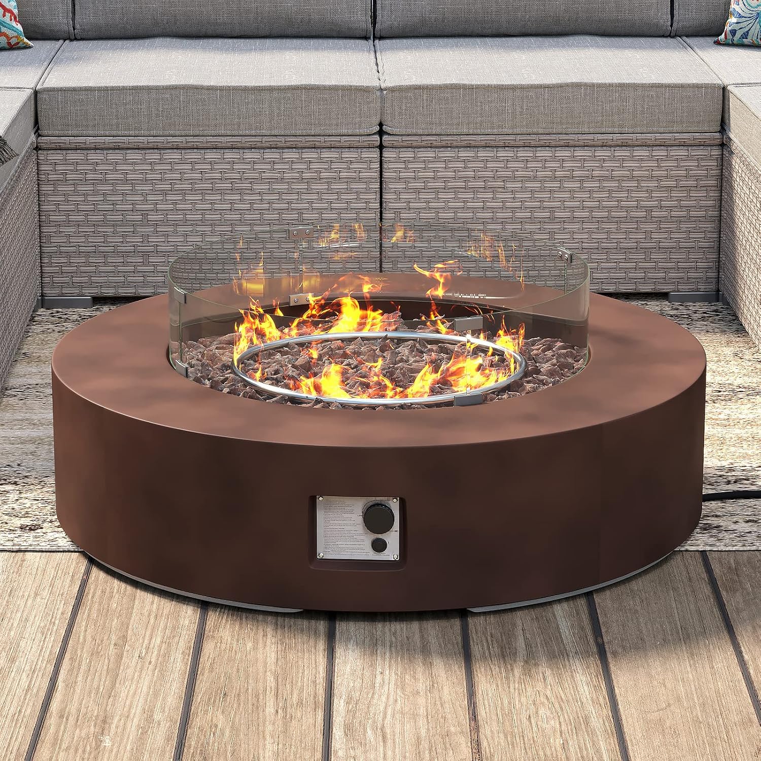 SUNBURY Outdoor Propane Burning Fire Pit, Circular Dark Brown Patio Fire Table 50,000 BTU w Lava Rocks, Glass Wind Guard, Waterproof Cover