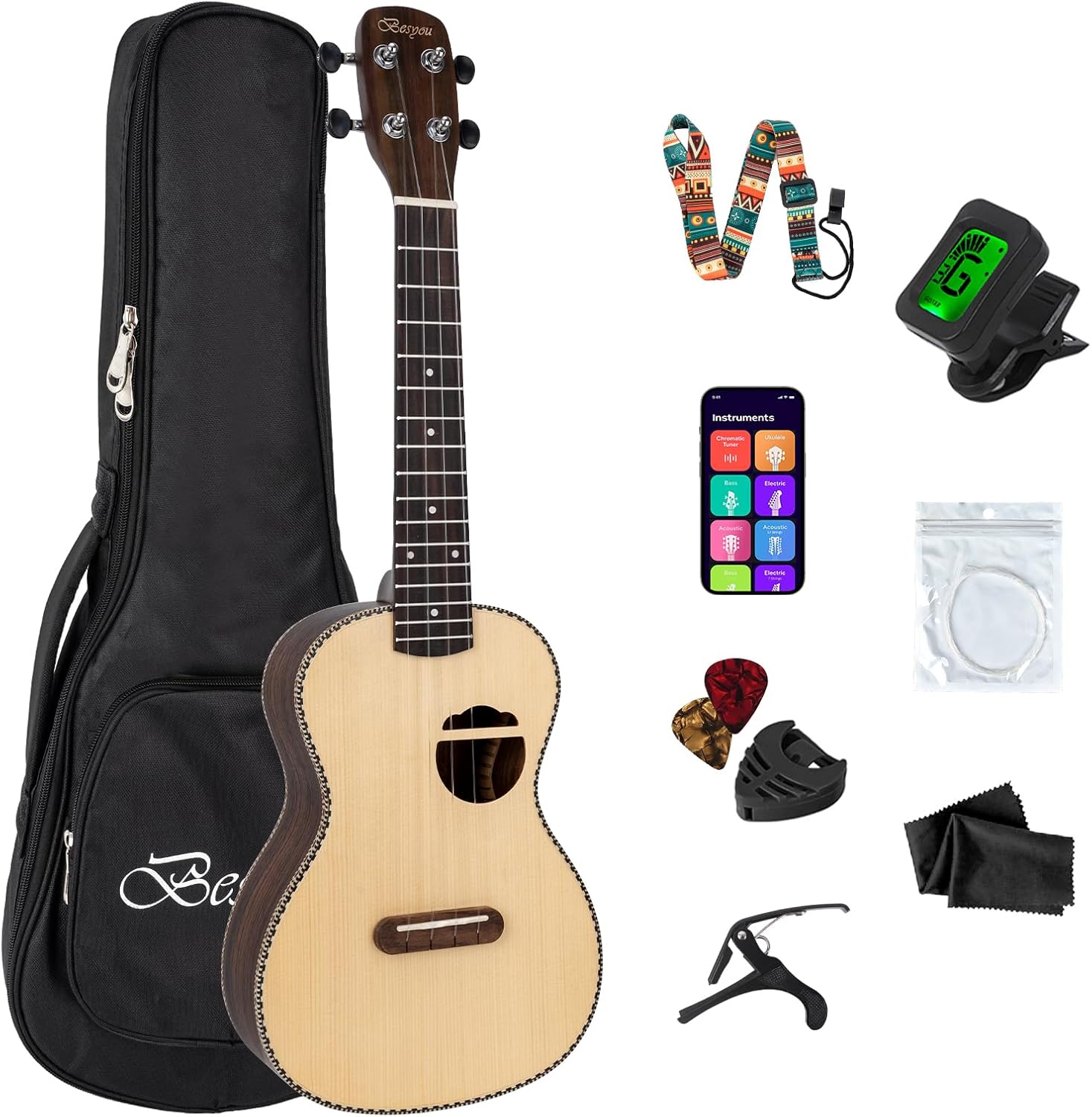 23 Inch Spruce Rosewood Concert Ukulele Beginner Kids and Adult Student Travel Wooden Ukelele Kit with Tuner Gig Bag Strap Carbon Nylon String Picks Cloth Gift Choice