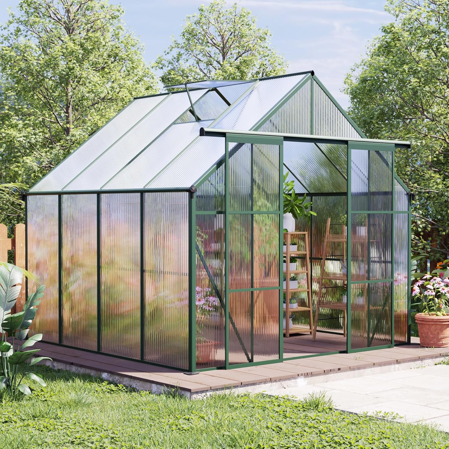 8x8 FT Greenhouse for Outdoors, Heavy Duty Polycarbonate Greenhouse with Aluminum Structure, Rain Gutter, Adjustable Roof Vent, Sliding Double Door, Large Walk in Greenhouse Kit for Garden, Green