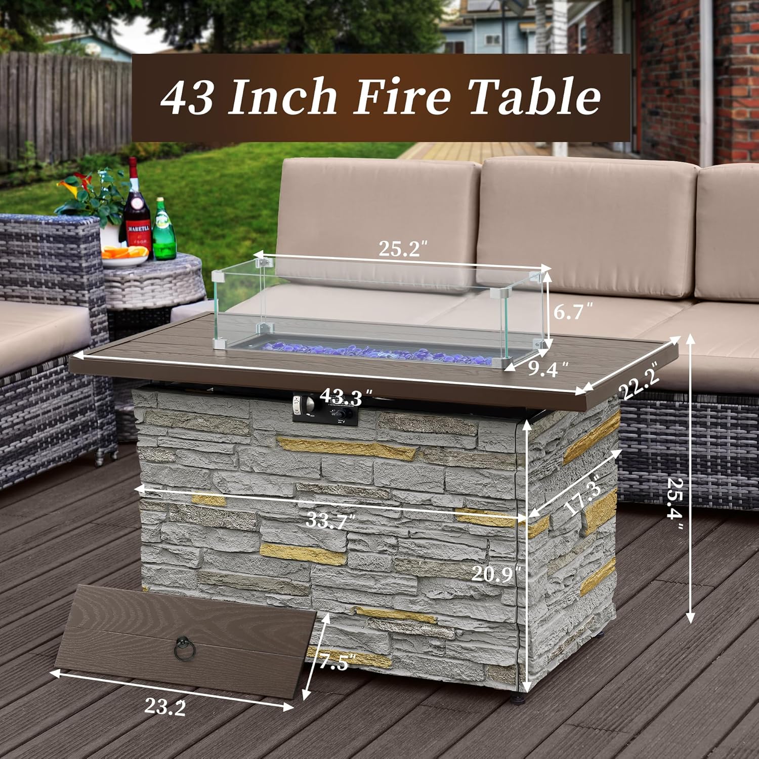 PIZZELLO 43 Inch Propane Fire Pit Table Outdoor Stone Firepit Table Rectangular 50000 BTU Propane Fire Tables for Outside Patio with Wind Guard, Table Lid, Fire Beads, Cover,Pizzello Caldo (Gray)