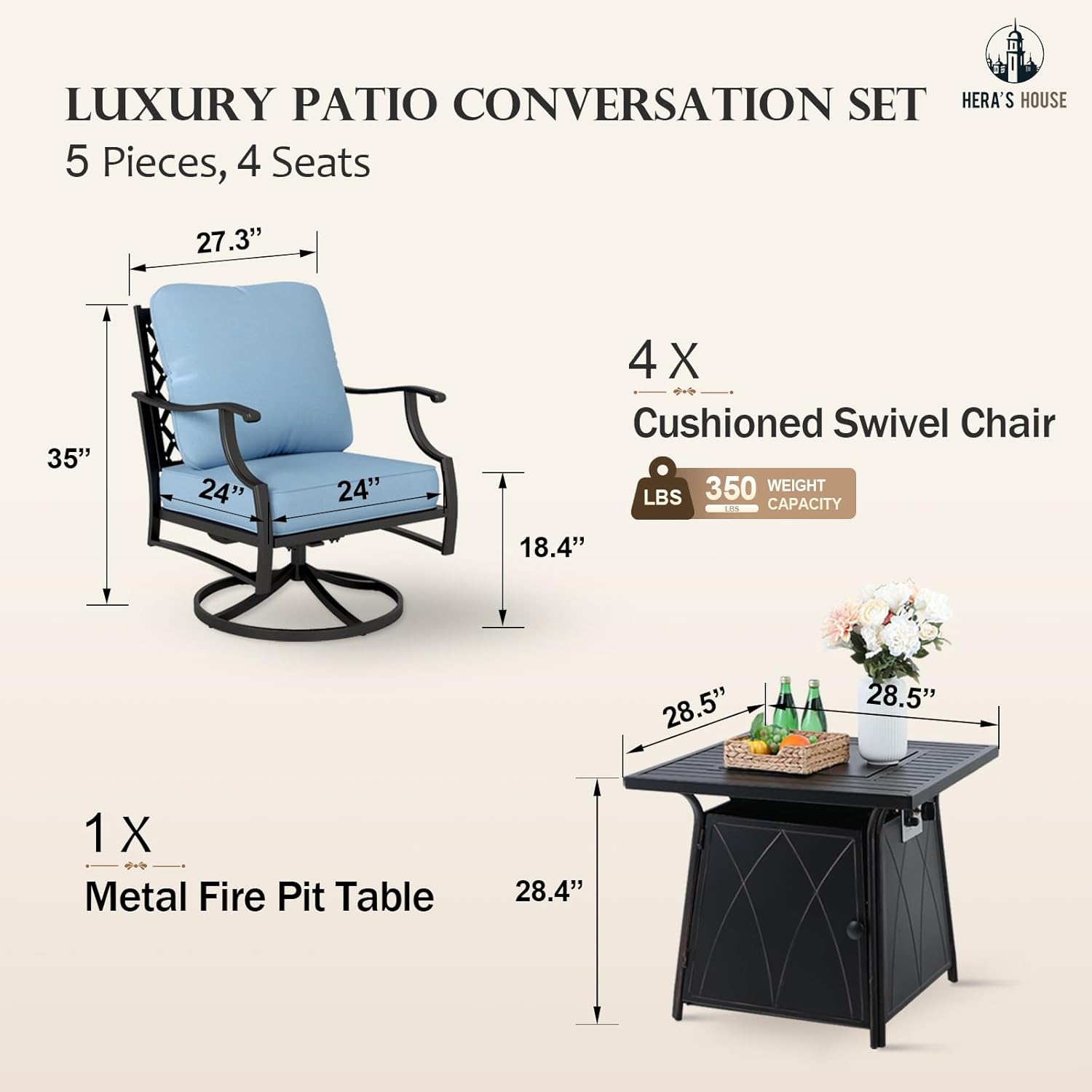 HERA'S HOUSE 5 Pieces Fire Pit Patio Furniture Set, 4 x Thick Cushioned Swivel Chairs with 28