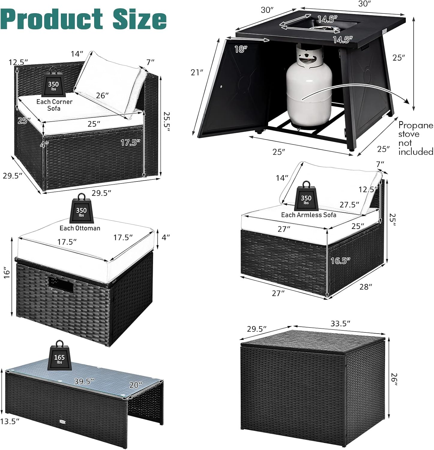 Tangkula 9 Piece Patio Furniture Set w/30 Inches Propane Fire Pit Table, 50,000 BTU Heat Output,Heavy Duty Space Saving Rattan Sofa Set with Waterproof Cover,for Poolside, Backyard, Garden (Grey)