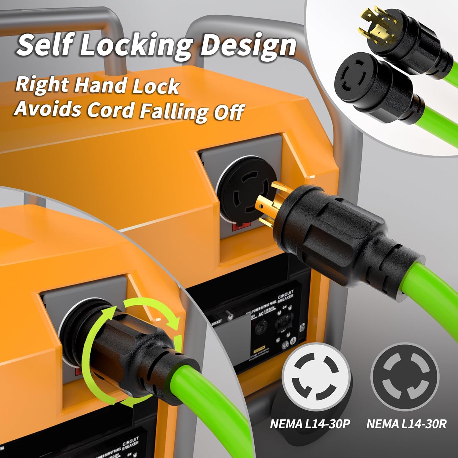 75FT 30 Amp Generator Extension Cord 4 Prong, NEMA L14-30P/L14-30R 10 Gauge STW 125/250V Twist Lock Generator Cord Heavy Duty, Green ETL Listed