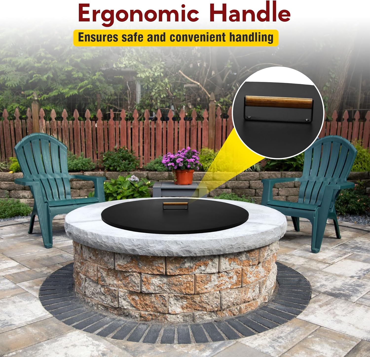 31” Round Fire Pit Lid – Powder Coated Fire Pit Cover Lid Round for Outdoor Fireplace -16 Gauge Steel Flat Fire Pit Burner Pan Cover with Wooden Handle Snuffer Lid for Round Patio FirePit Ring