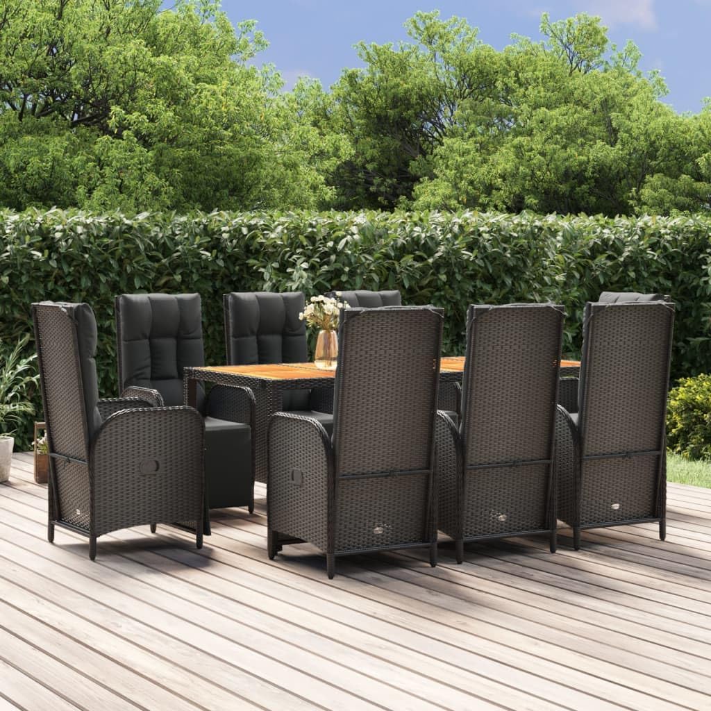 9 Piece Patio Dining Set with Cushions Black Poly Rattan,Elegant Patio Dining Set with Reclining Function and Durable Acacia Wood Tabletop Furniture Sets for Patio, Lawn & Garden