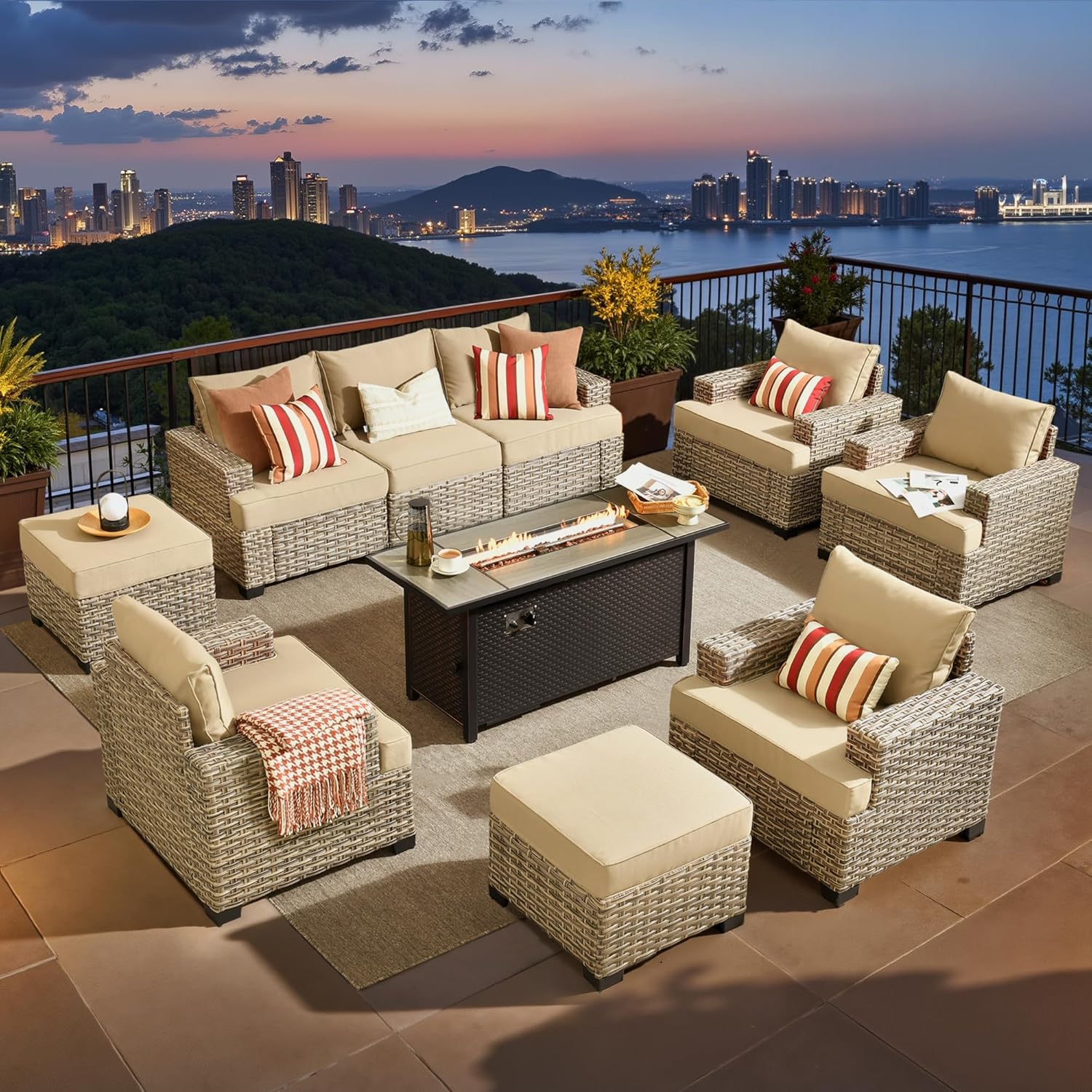 ovios 10 Piece Patio Sectional Furniture with 42in Fire Pit Table, Rattan Wicker Coversation Setwith Single Chairs, Outdoor Sofa Set for Outside Porch Balcony Backyard Pool, Beige