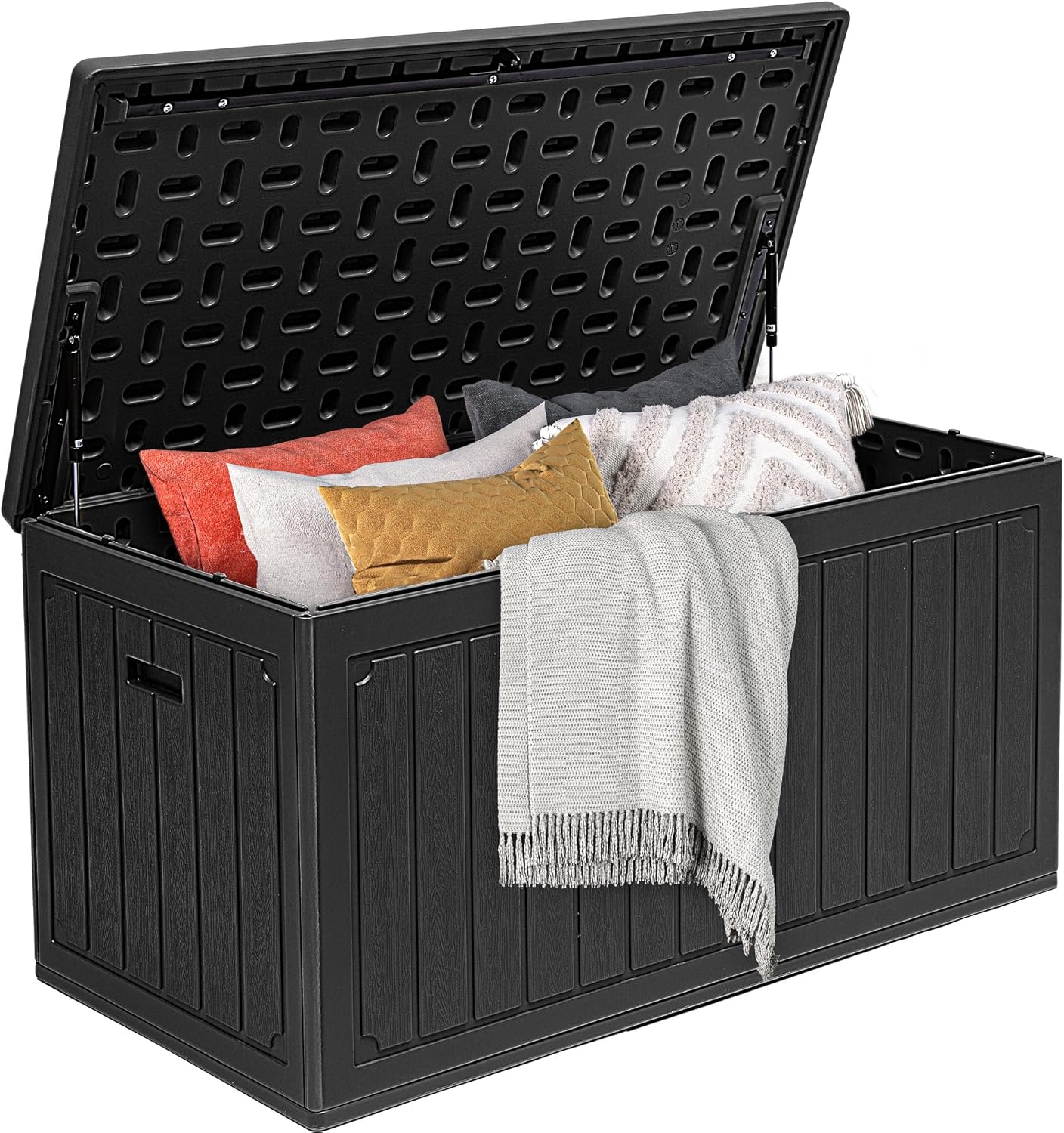 DWVO 90 Gallon Double-Wall Deck Box, Large Resin Outdoor Storage Box, Lockable & Waterproof, Double as Seating, 450lbs Capacity (Black)