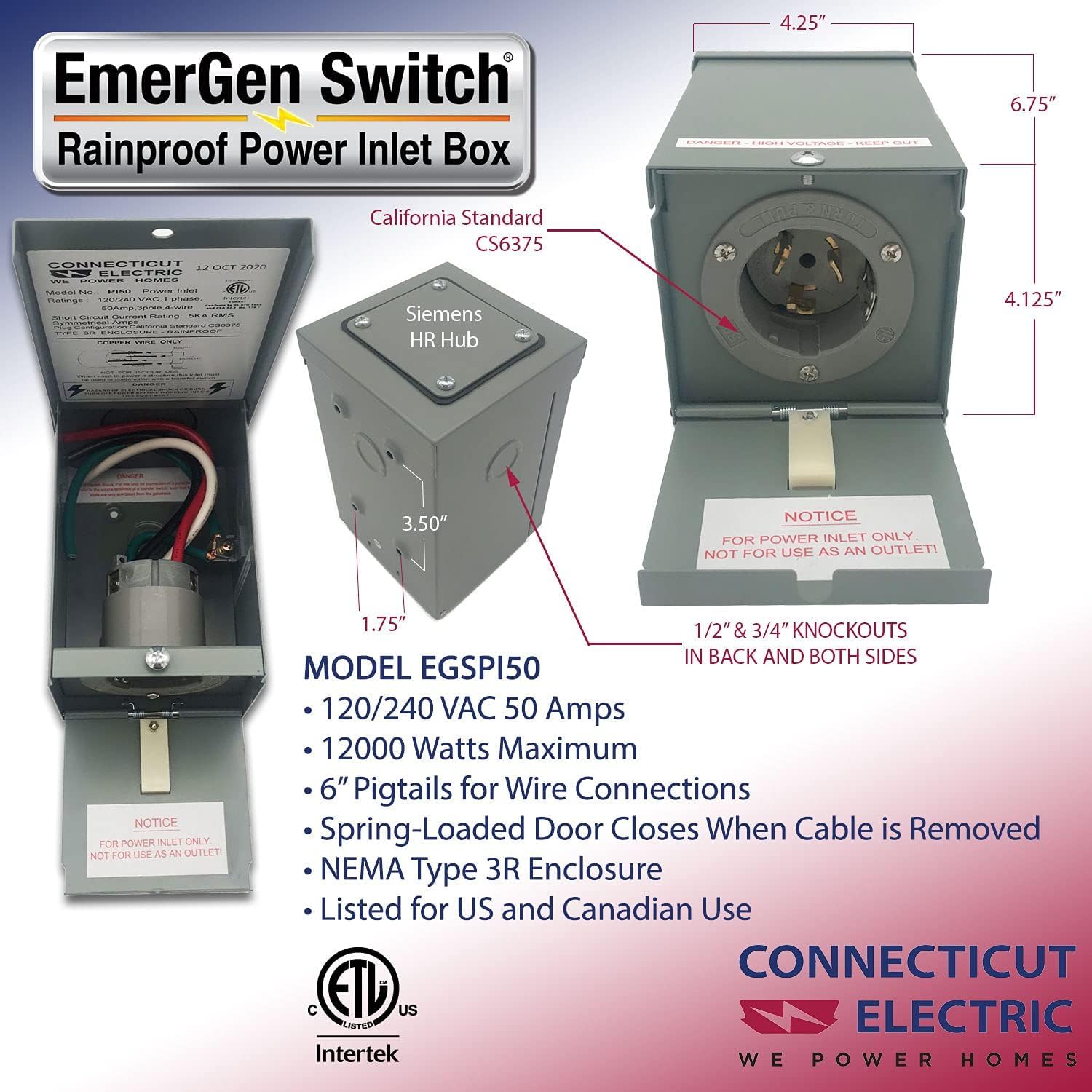 Connecticut Electric Series 2 Backup Power Manual Transfer Switch Kit, 50 Amp, 10 Circuits, with 25' Cord & Outdoor Rated 50A Inlet (Transfer Switch Kit - 25 ft Cord)