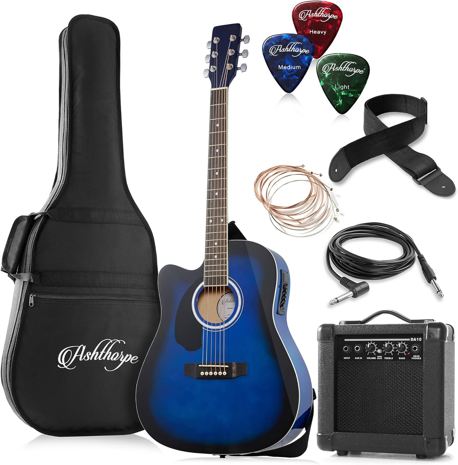 Ashthorpe Left Handed Full-Size Dreadnought Cutaway Acoustic Electric Guitar Package with 10 Watt Amp - Blue