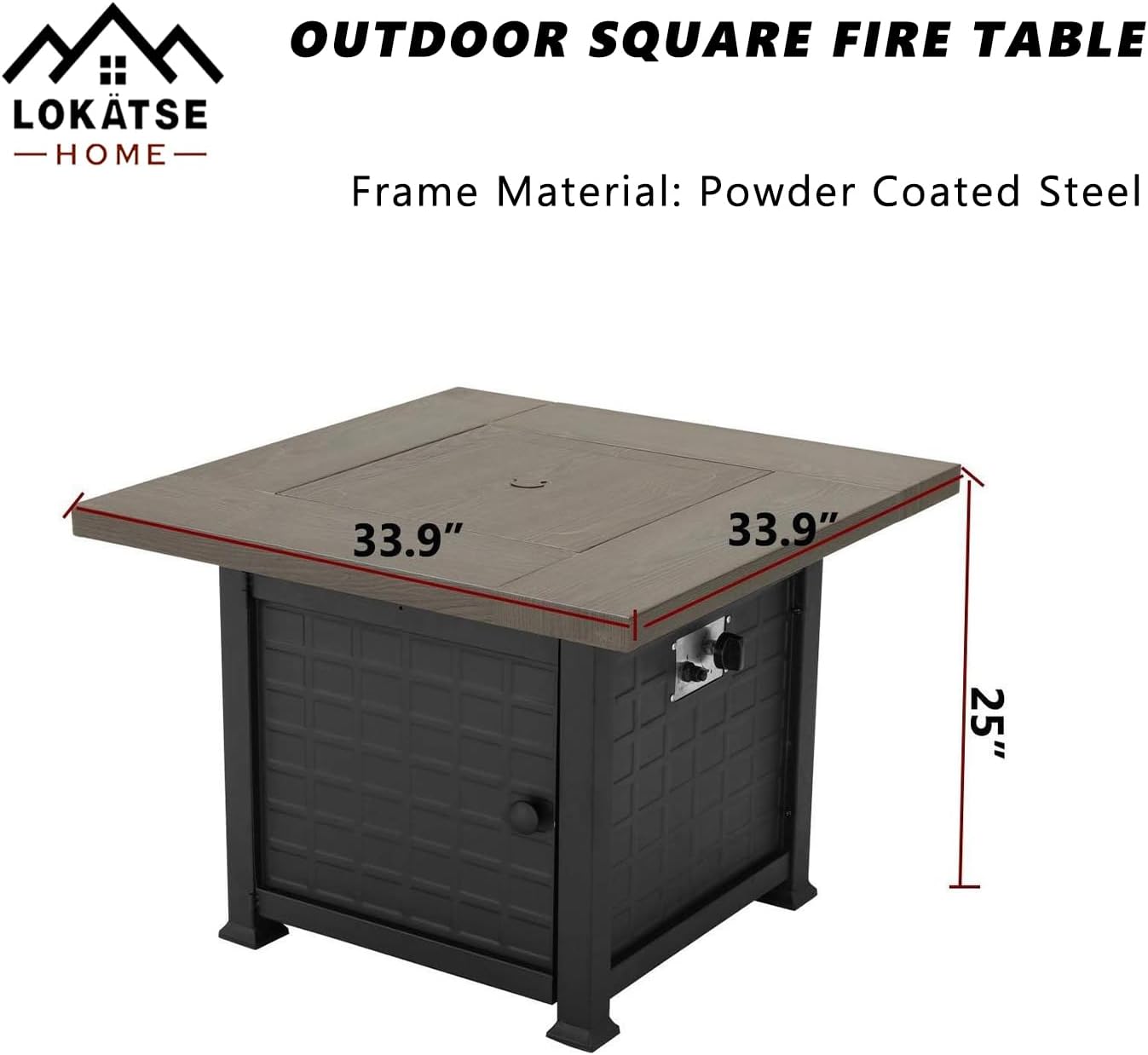 LOKATSE HOME Patio Outdoor Square Fire Table Pit CSA Certification Approval 50,000 BTU Auto-Ignition Outdoor Propane Gas Fire Pit Table with Steel Cover