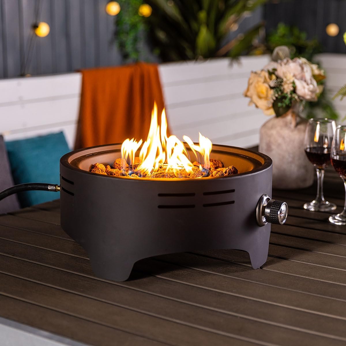 15'' Round Camping fire Pit with Lcokable Cover Lid as Portable Handle, 40,000 BTU Round Tabletop Propane Gas Fire Pit, Black