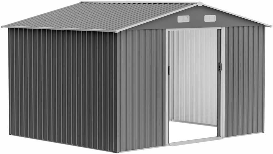 ASSYA Outdoor Storage Shed with Sliding Lockable Door, Pet Area, Trash Fence, Garden, Patio, Backyard, Lawn Tool Shed, 10X8 Ft
