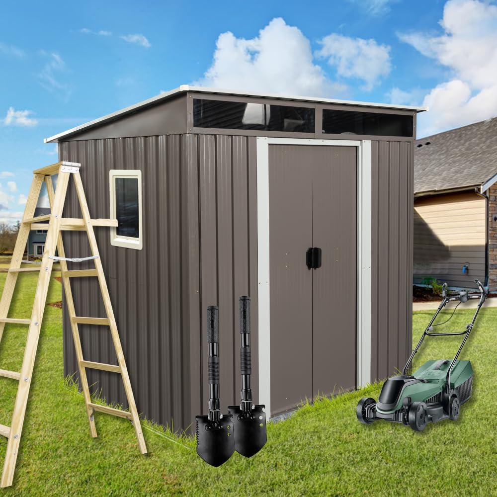 6ft x 5ft Outdoor Metal Storage Shed with Window and Transparent Plate for Garden, Lawn Gray