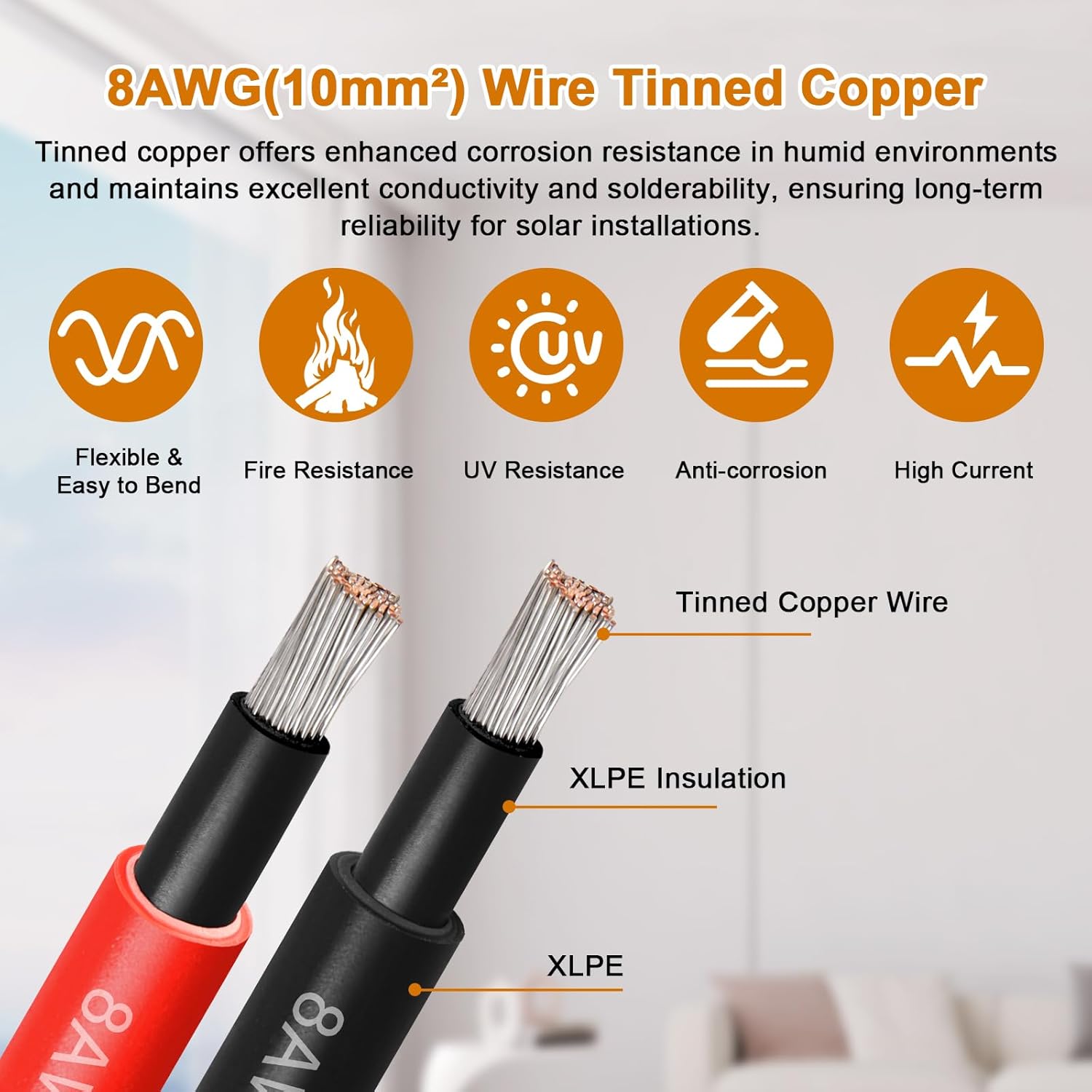 Solar Panel Wire 8 AWG(10mm²) - Solar Extension Cable 30Ft Black & 30Ft Red 8 Gauge Tinned Copper PV Wire for Outdoor Automotive RV Solar Panel Boat Marine (Black+Red)